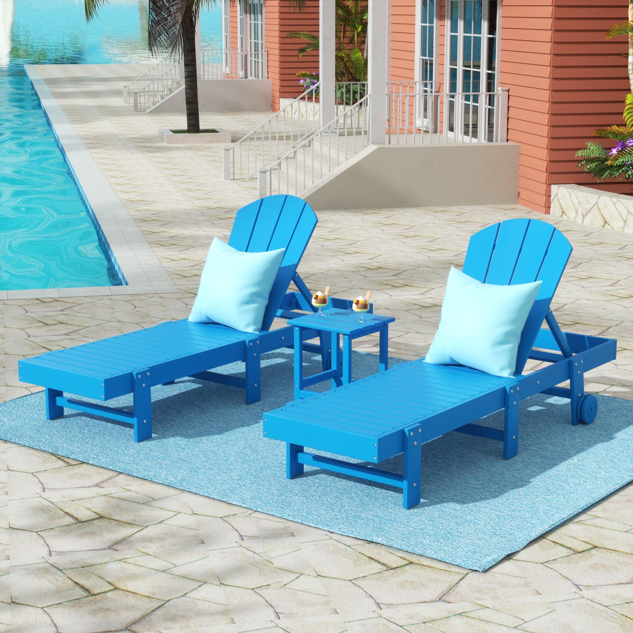 Paradise 3-Piece Outdoor Classic Poly Adirondack Chaise Lounge with Wheels and Square Side Table Set - Costaelm