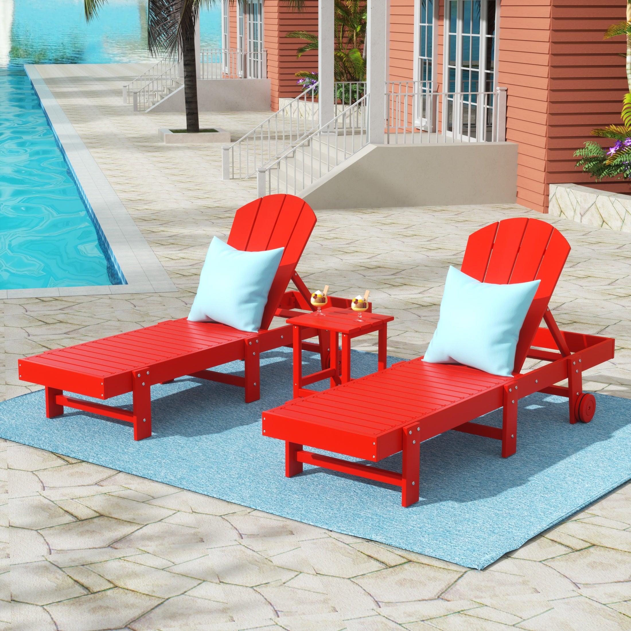 Paradise 3-Piece Outdoor Classic Poly Adirondack Chaise Lounge with Wheels and Square Side Table Set - Costaelm