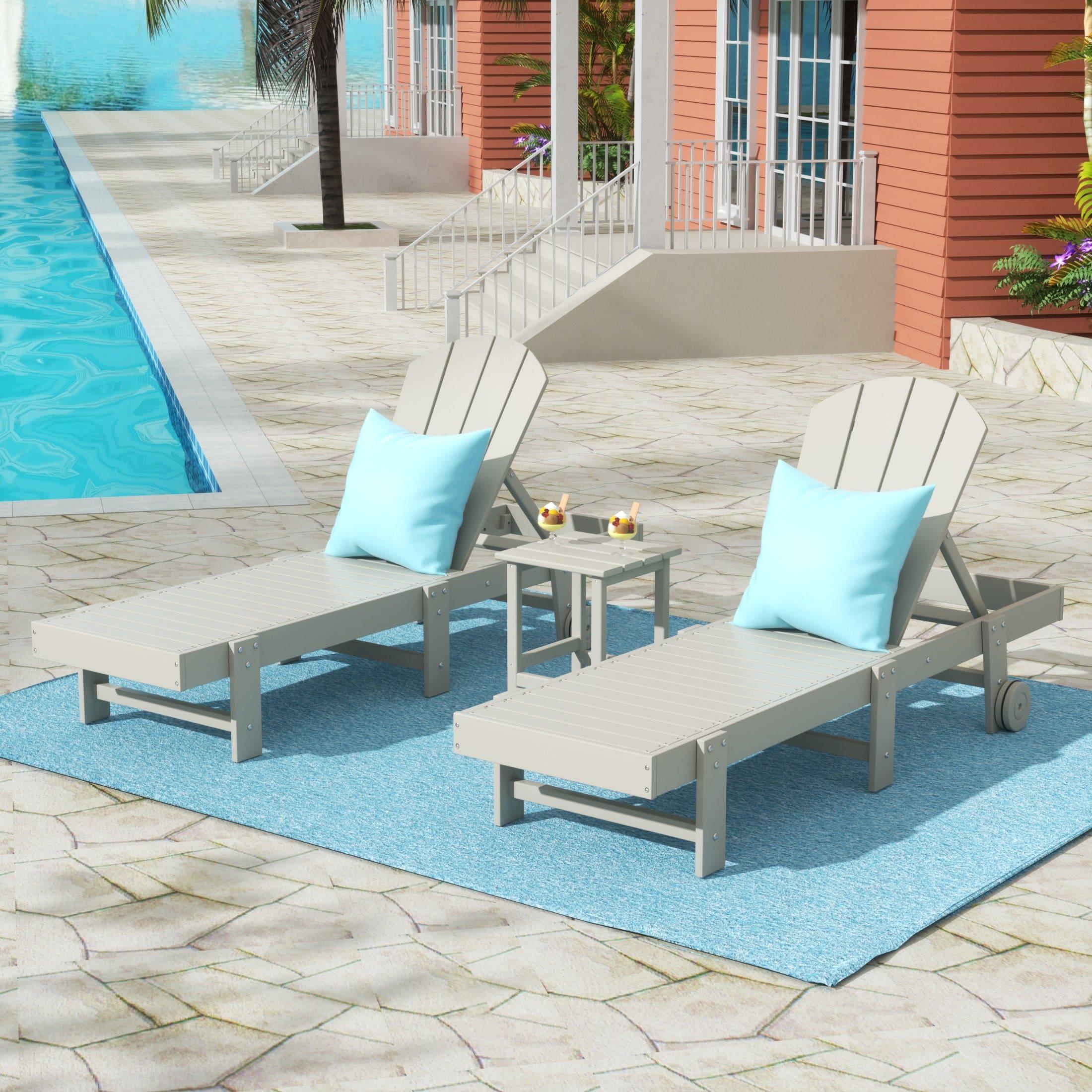 Paradise 3-Piece Outdoor Classic Poly Adirondack Chaise Lounge with Wheels and Square Side Table Set - Costaelm