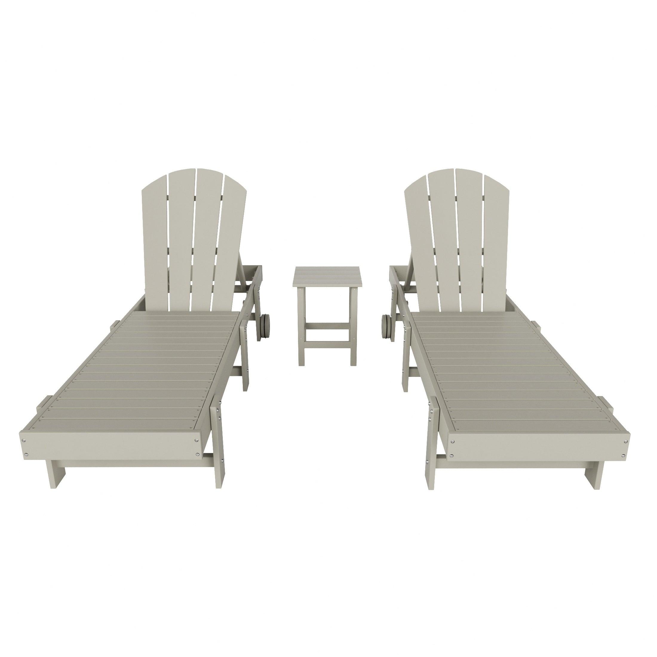 Paradise 3-Piece Outdoor Classic Poly Adirondack Chaise Lounge with Wheels and Square Side Table Set - Costaelm