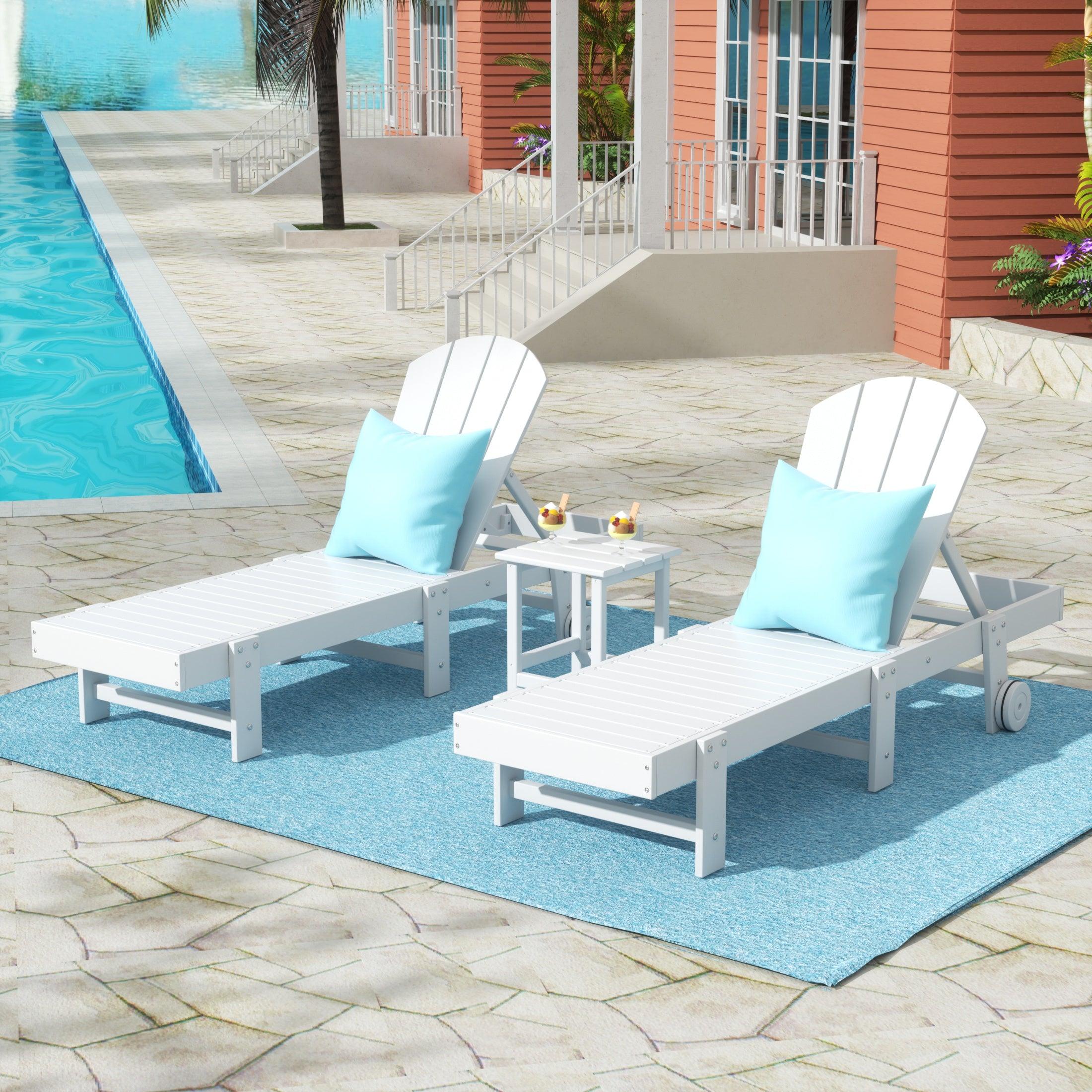 Paradise 3-Piece Outdoor Classic Poly Adirondack Chaise Lounge with Wheels and Square Side Table Set - Costaelm