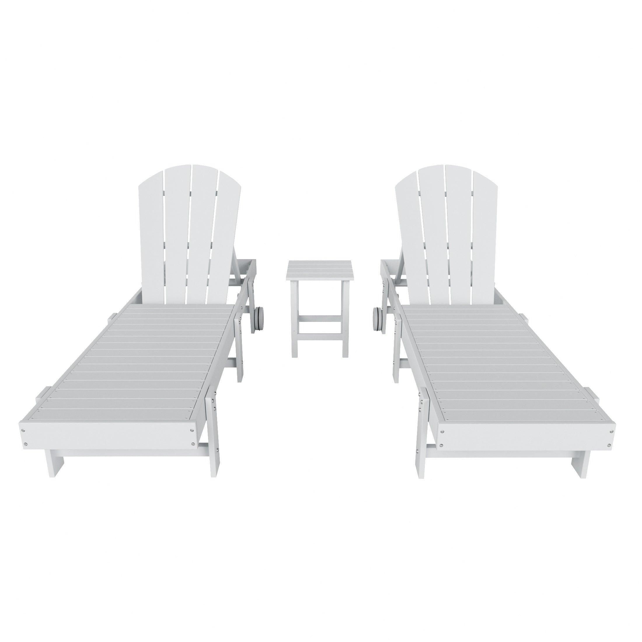 Paradise 3-Piece Outdoor Classic Poly Adirondack Chaise Lounge with Wheels and Square Side Table Set - Costaelm