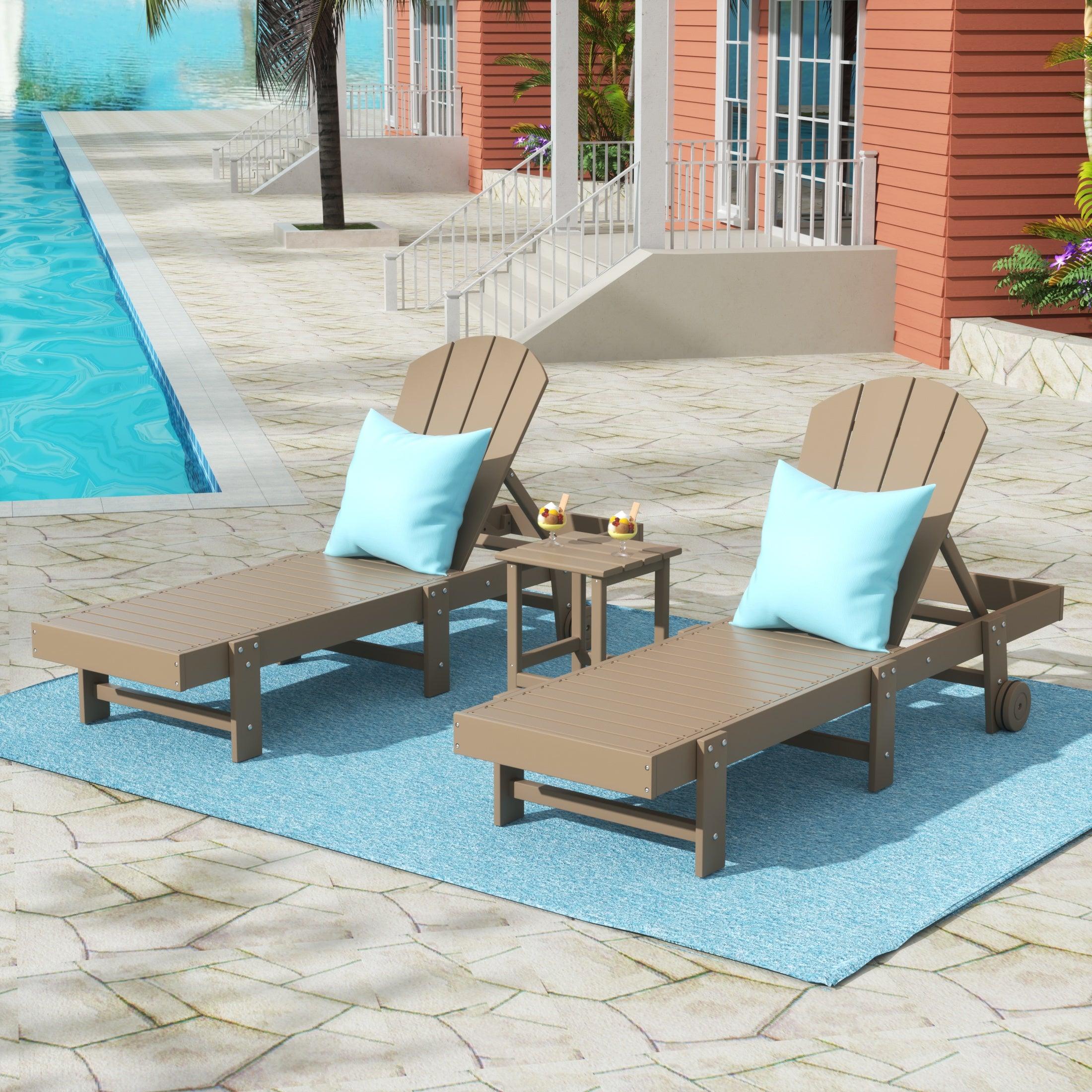 Paradise 3-Piece Outdoor Classic Poly Adirondack Chaise Lounge with Wheels and Square Side Table Set - Costaelm