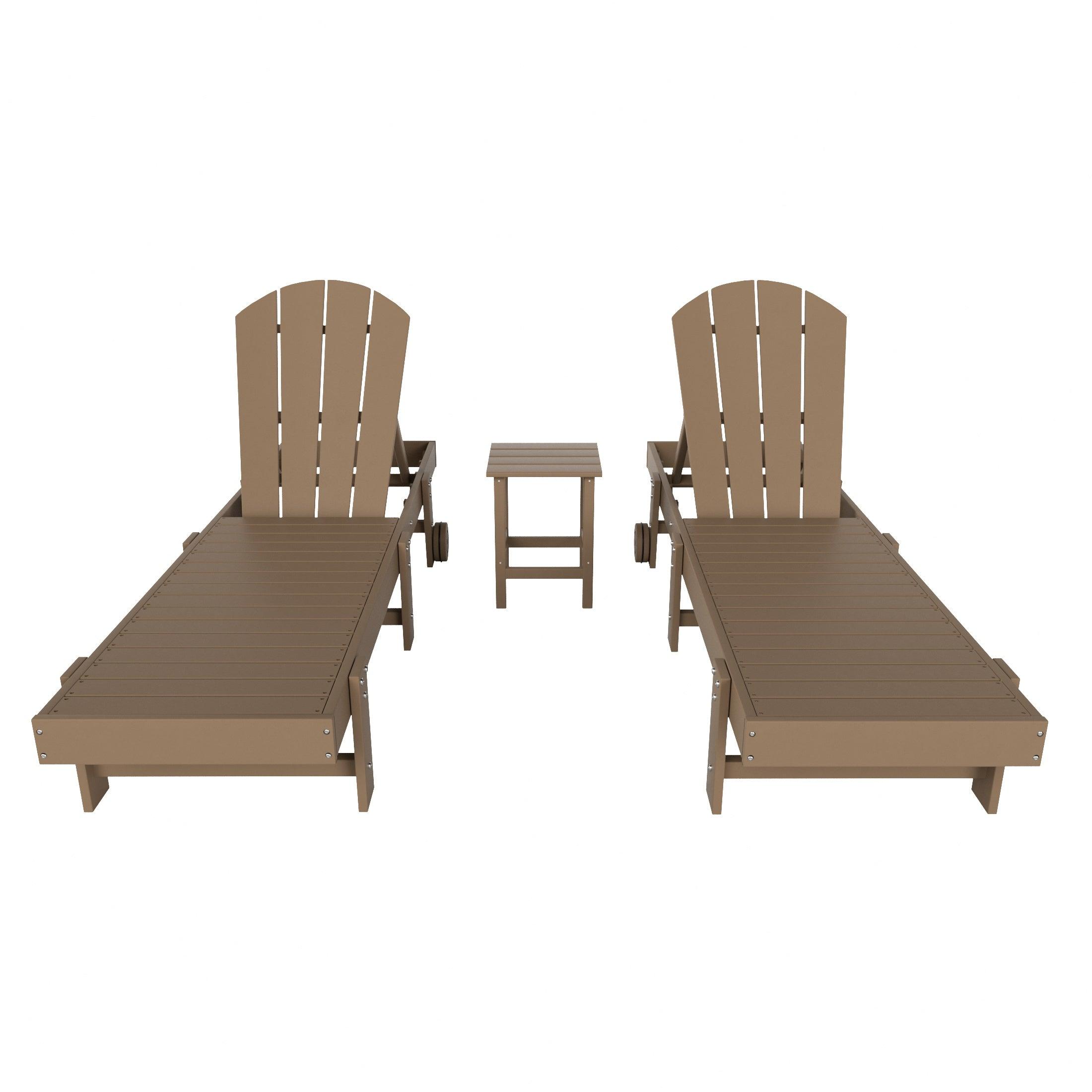 Paradise 3-Piece Outdoor Classic Poly Adirondack Chaise Lounge with Wheels and Square Side Table Set - Costaelm