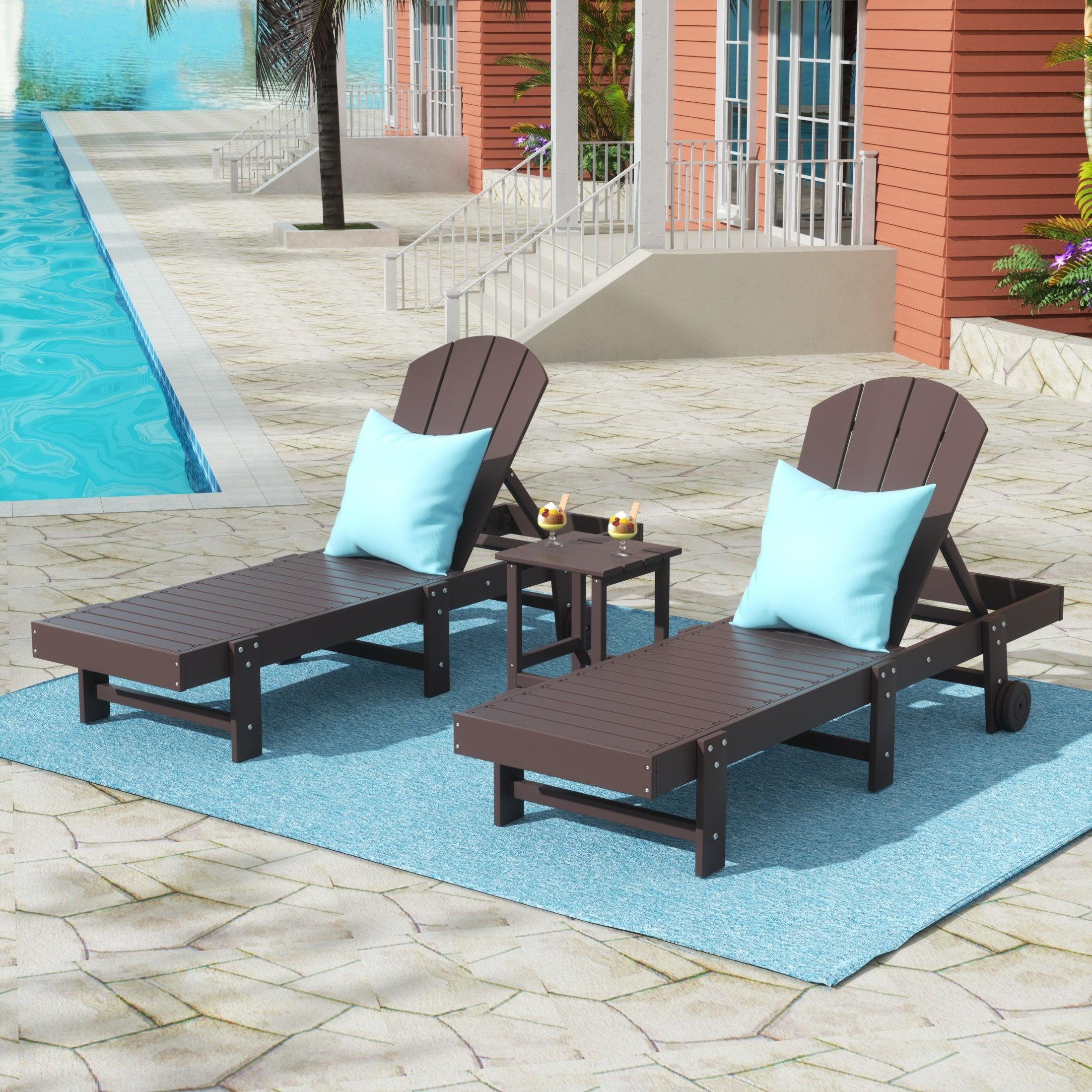 Paradise 3-Piece Outdoor Classic Poly Adirondack Chaise Lounge with Wheels and Square Side Table Set - Costaelm