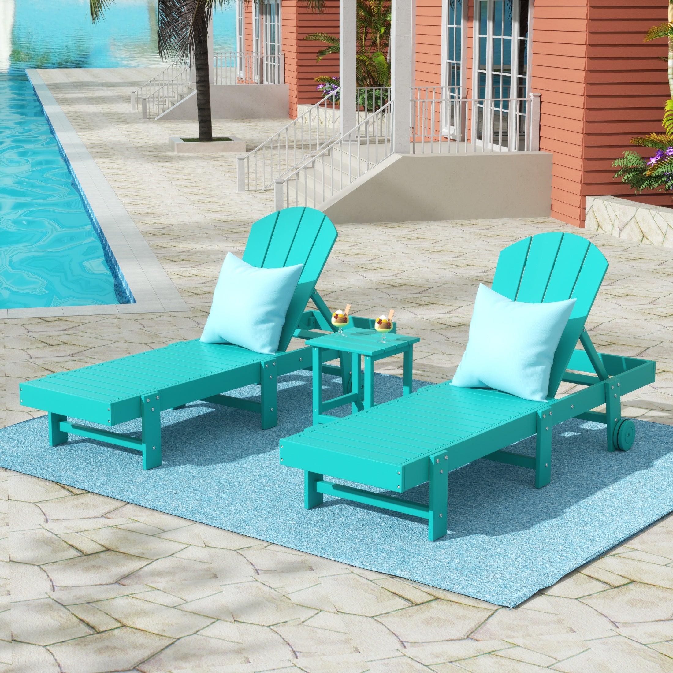 Paradise 3-Piece Outdoor Classic Poly Adirondack Chaise Lounge with Wheels and Square Side Table Set - Costaelm