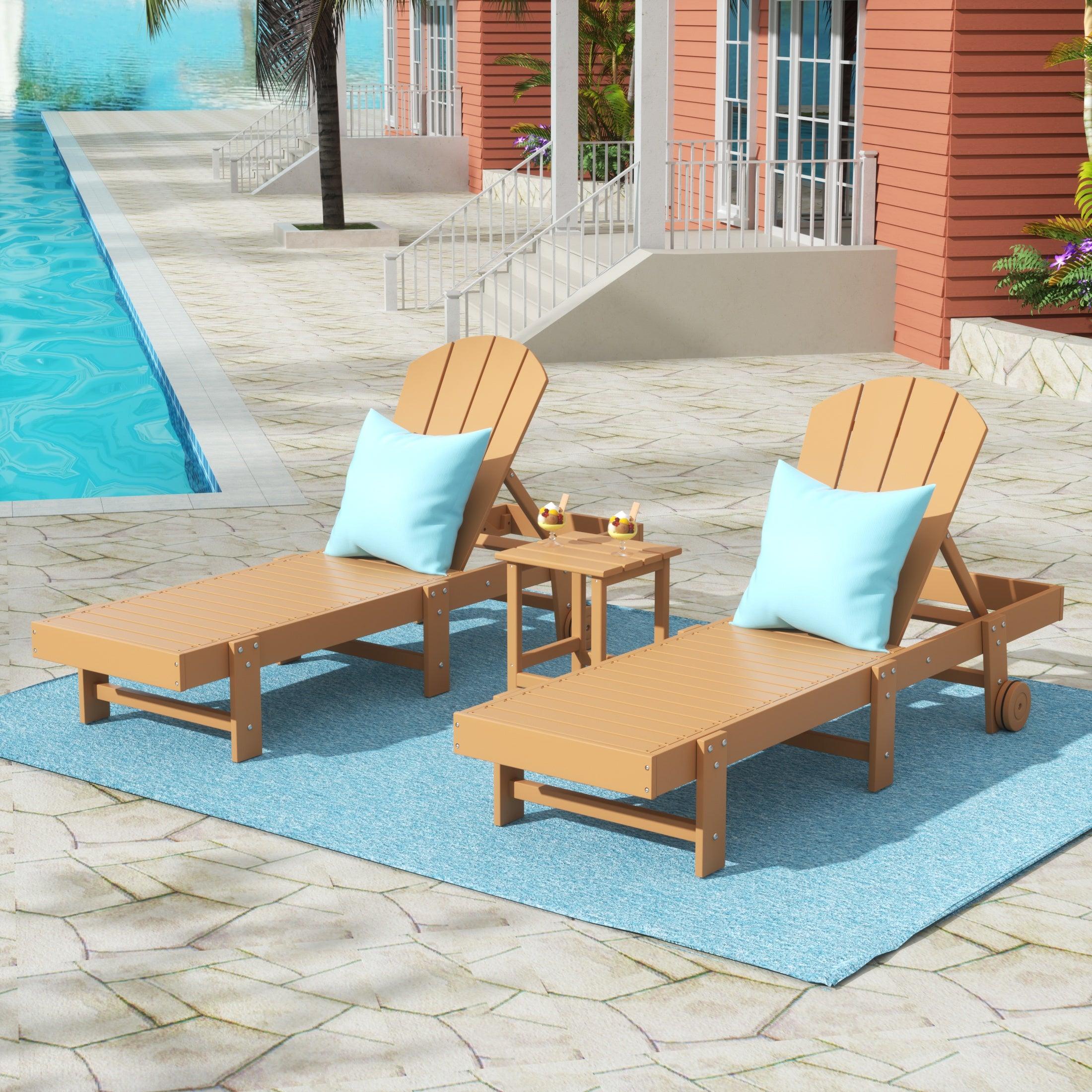 Paradise 3-Piece Outdoor Classic Poly Adirondack Chaise Lounge with Wheels and Square Side Table Set - Costaelm