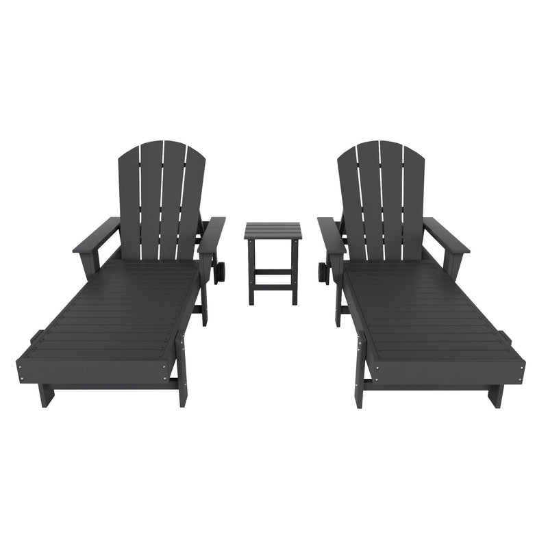 Paradise 3-Piece Outdoor Wheeled Classic Poly Adirondack Chaise Lounge with Arms and Square Side Table Set - Costaelm