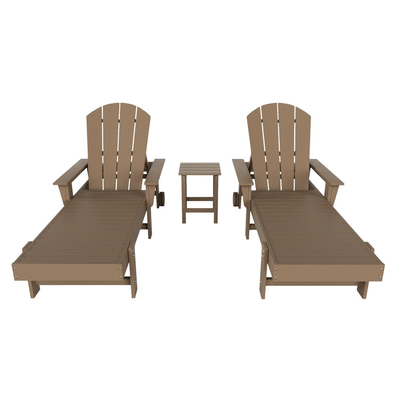 Paradise 3-Piece Outdoor Wheeled Classic Poly Adirondack Chaise Lounge with Arms and Square Side Table Set - Costaelm