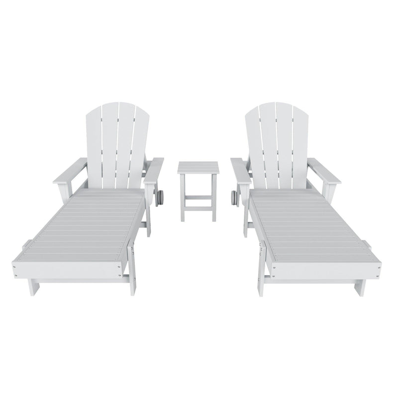 Paradise 3-Piece Outdoor Wheeled Classic Poly Adirondack Chaise Lounge with Arms and Square Side Table Set - Costaelm