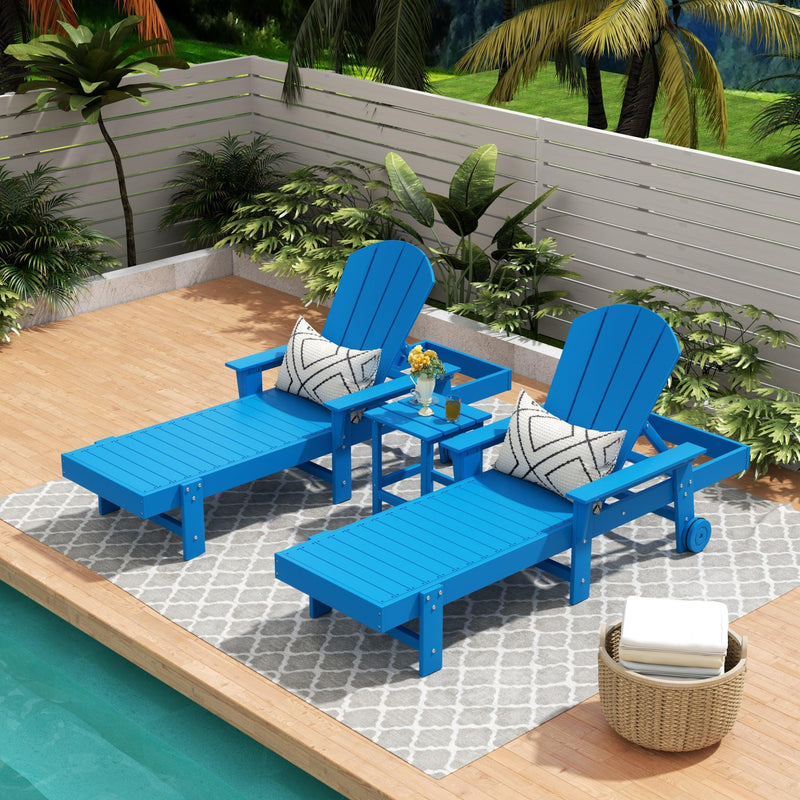 Paradise 3-Piece Outdoor Wheeled Classic Poly Adirondack Chaise Lounge with Arms and Square Side Table Set - Costaelm