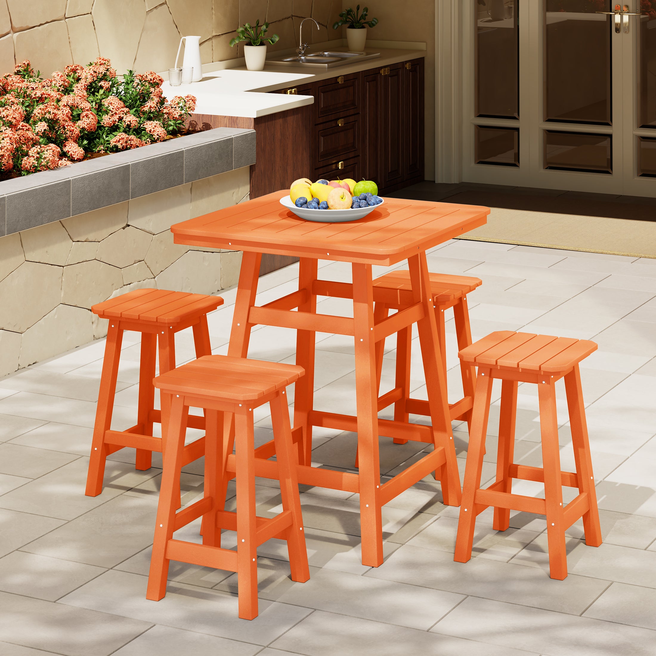 Paradise 5-Piece HDPE Outdoor Patio Bar Dining Set With Counter Height Bar Stools