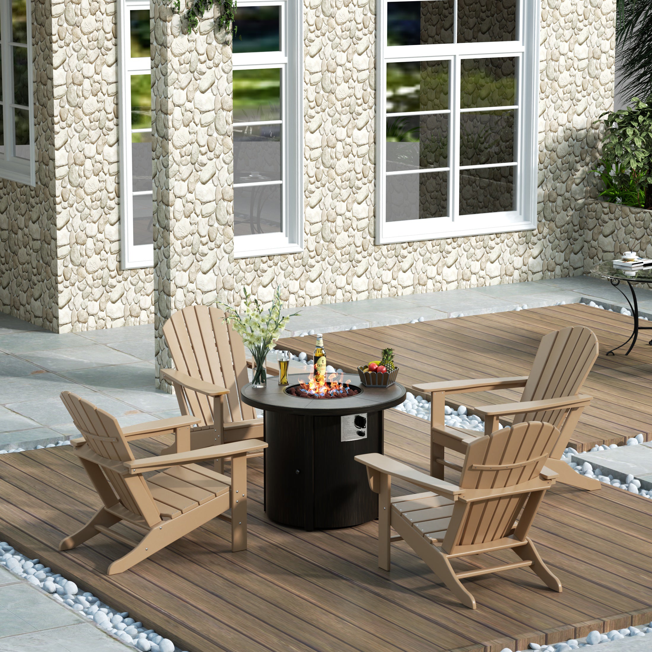 Portside Dylan Outdoor Patio Adirondack Chair with Round Fire Pit Table Sets