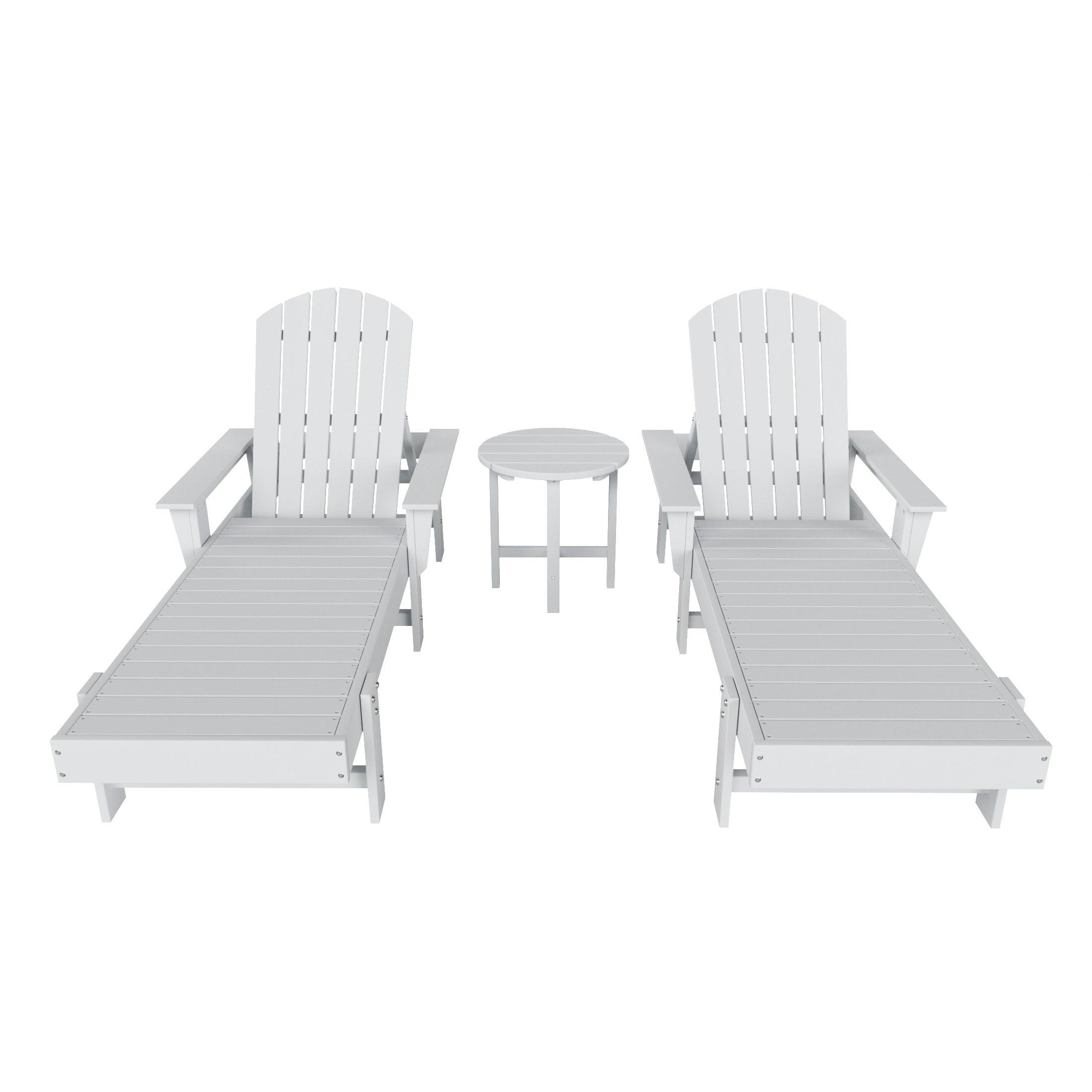 Portside 3-Piece Outdoor Wheeled Classic Poly Adirondack Chaise Lounge with Arms and Round Side Table Set - Costaelm