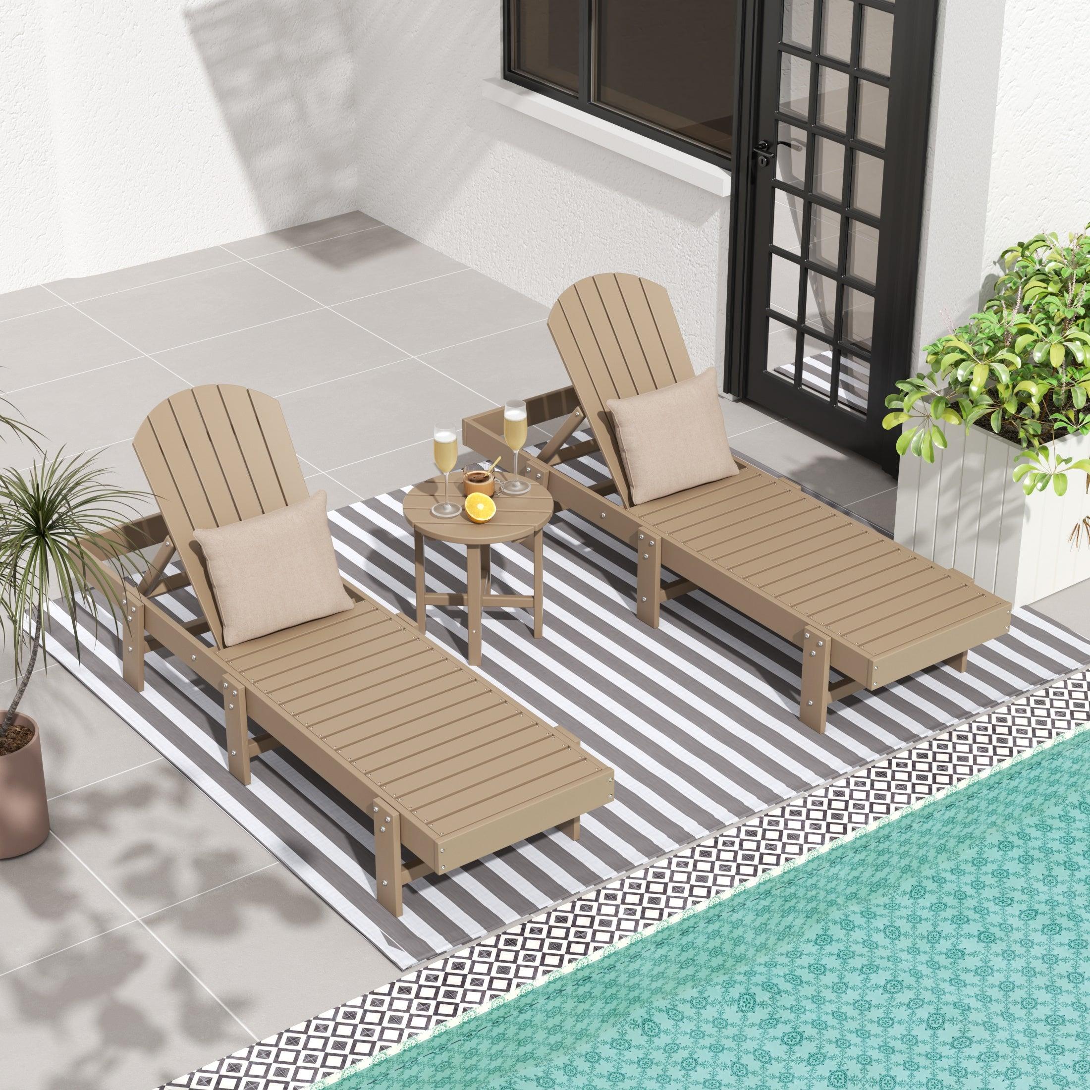 Portside 3-Piece Outdoor Classic Poly Adirondack Chaise Lounge with Wheels and Square Side Table Set - Costaelm