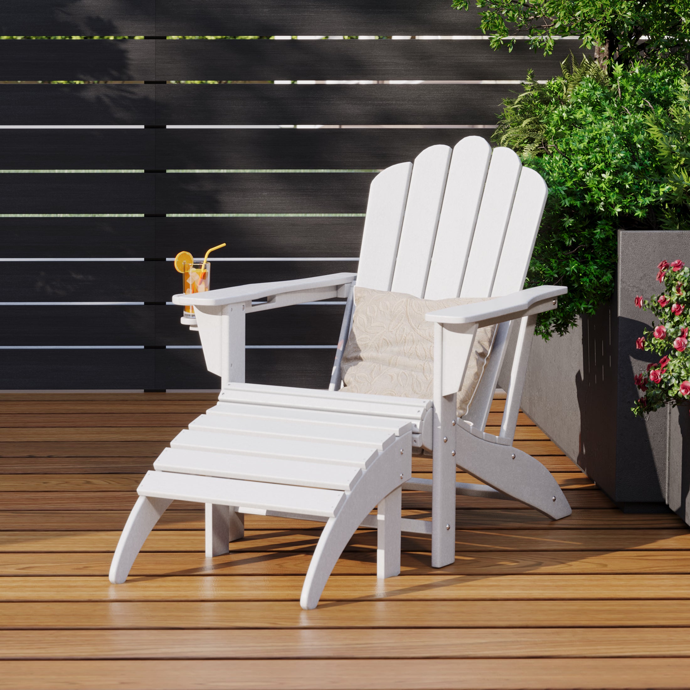 Lakeview 2-Piece Outdoor Patio HDPE Adirondack Chair With Ottoman and Cup Holder Set