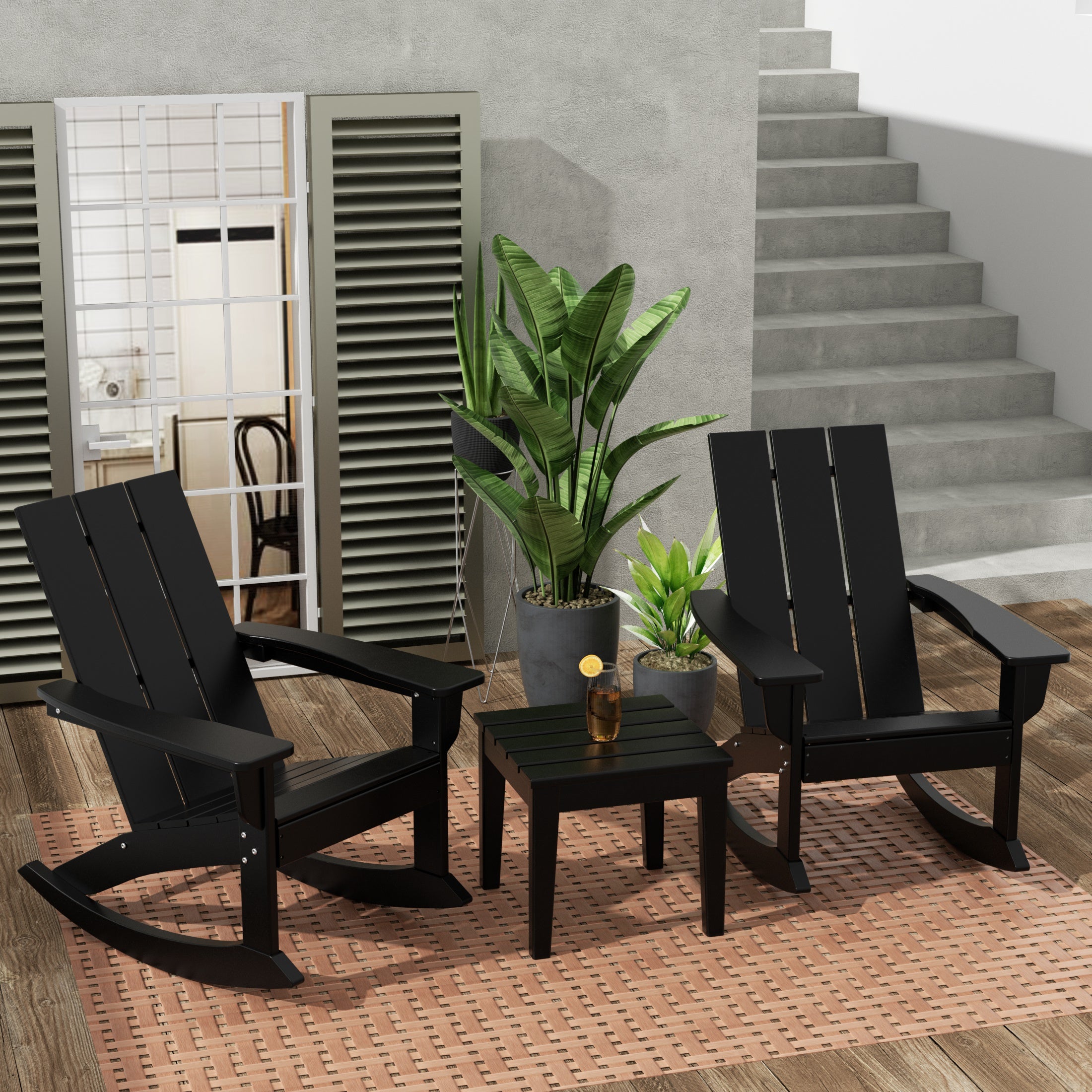 Palms Ashore Modern Rocking Poly Adirondack Chair With Side Table 3-Piece Set