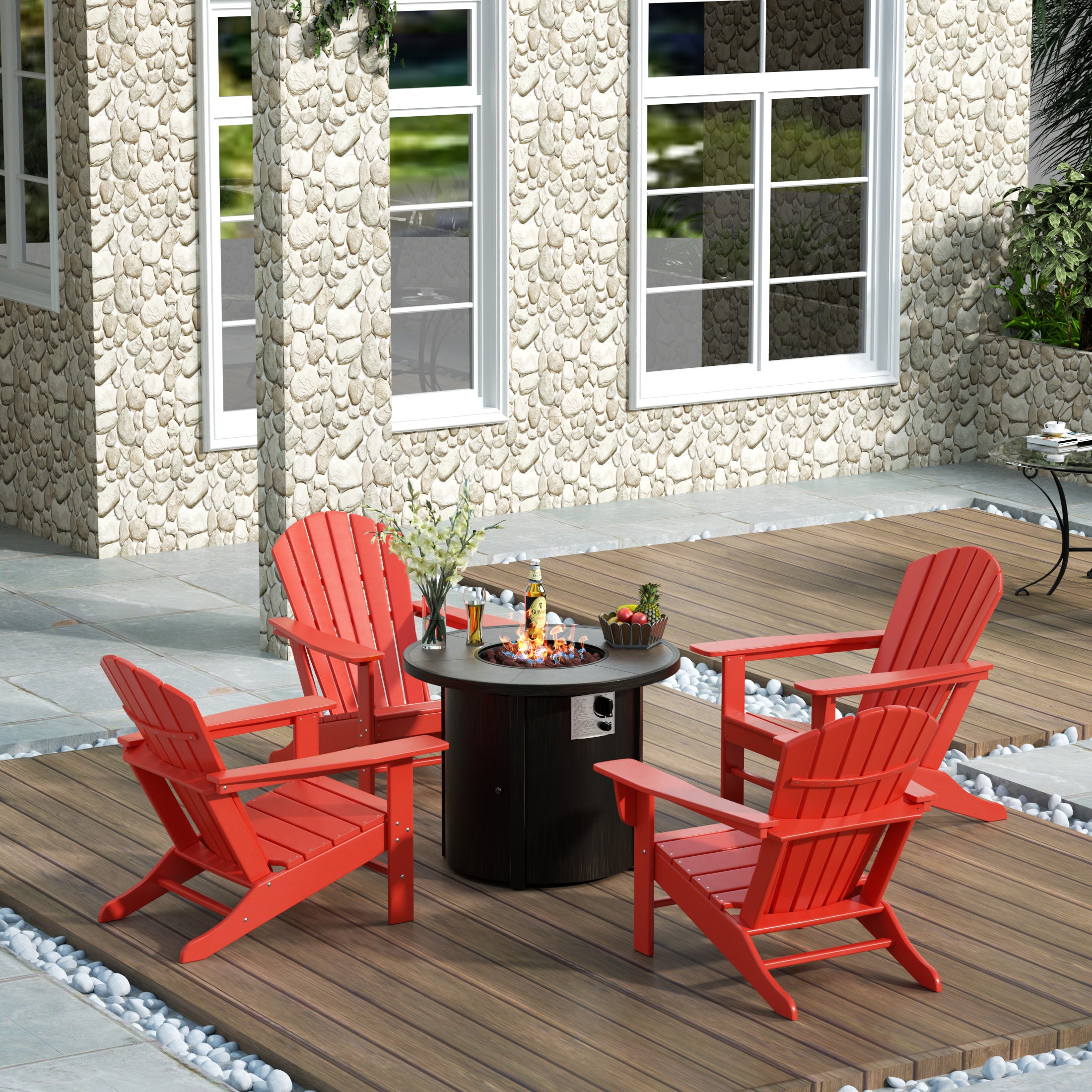 Portside Dylan Outdoor Patio Adirondack Chair with Round Fire Pit Table Sets