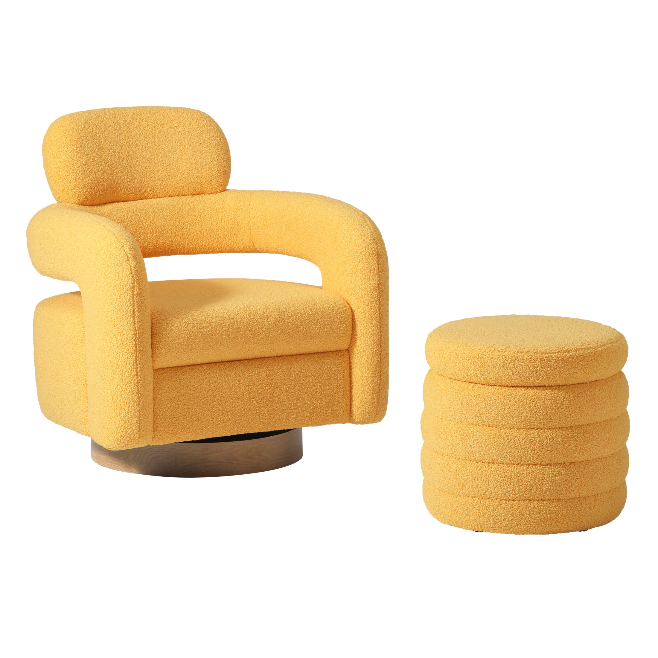 Celine Mid-Century Modern Sherpa Swivel Barrel Accent Chair With Round Storage Ottoman