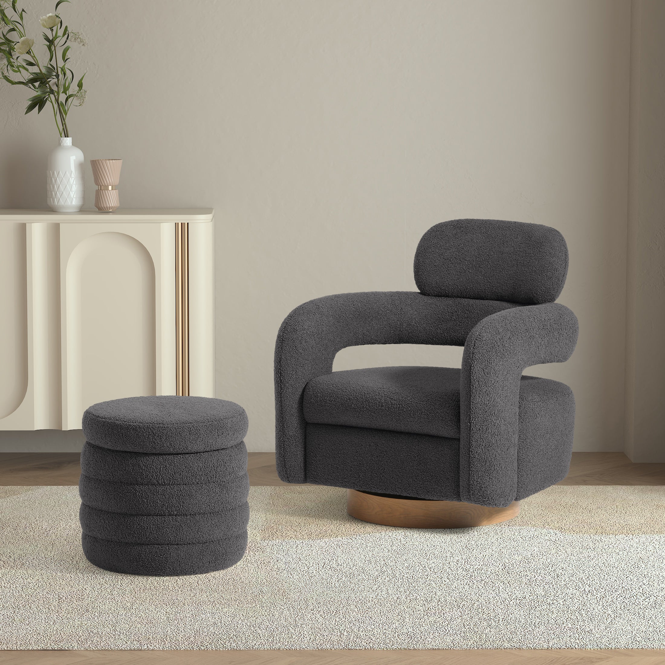 Celine Mid-Century Modern Sherpa Swivel Barrel Accent Chair With Round Storage Ottoman