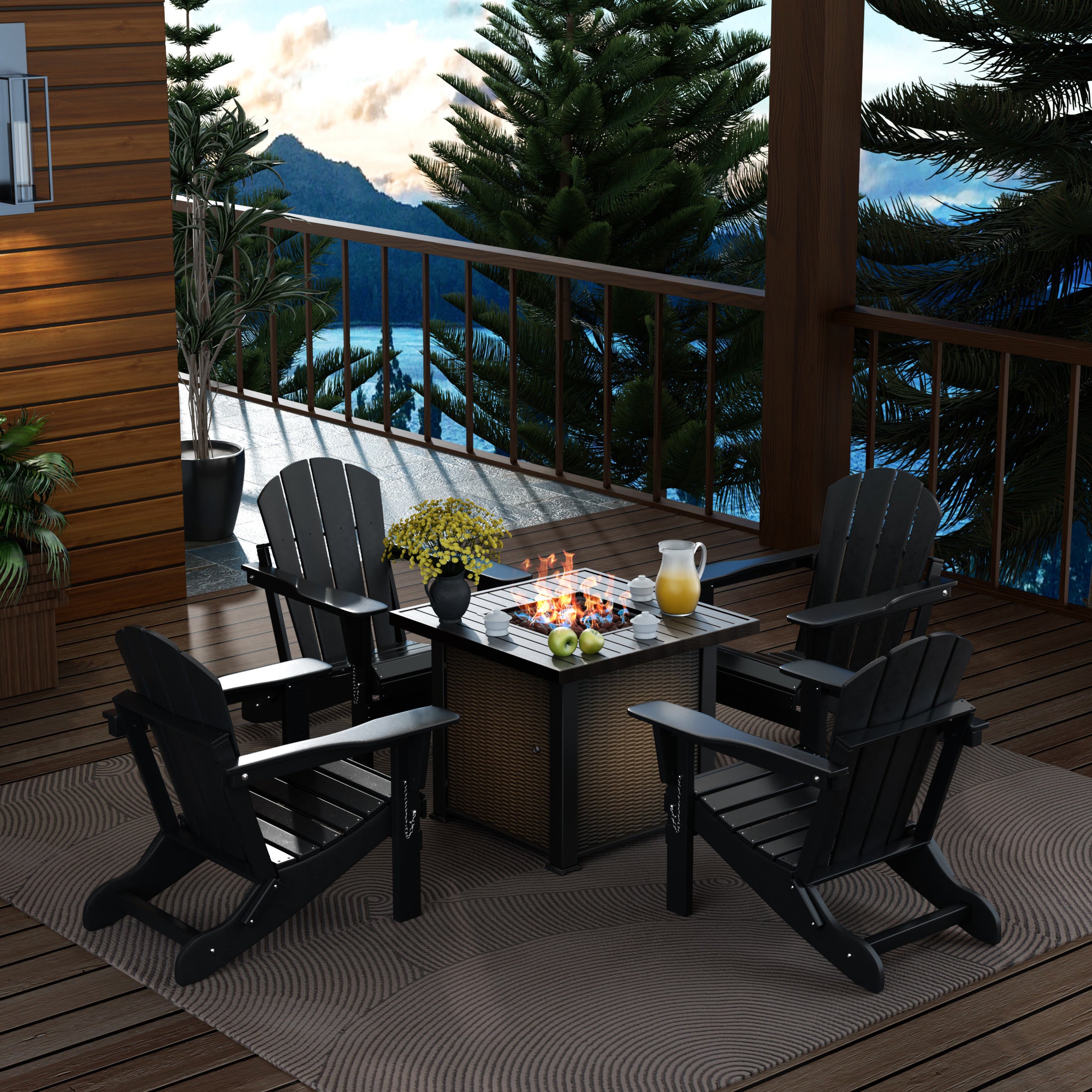 Paradise Malibu Modern Folding Poly Adirondack Chair With Square Fire Pit Table