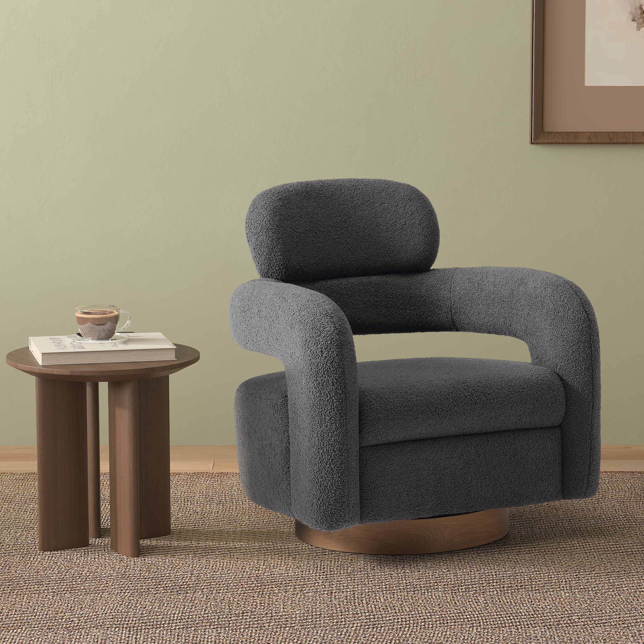 Celine Mid-Century Modern Round Sherpa Swivel Barrel Accent Chair