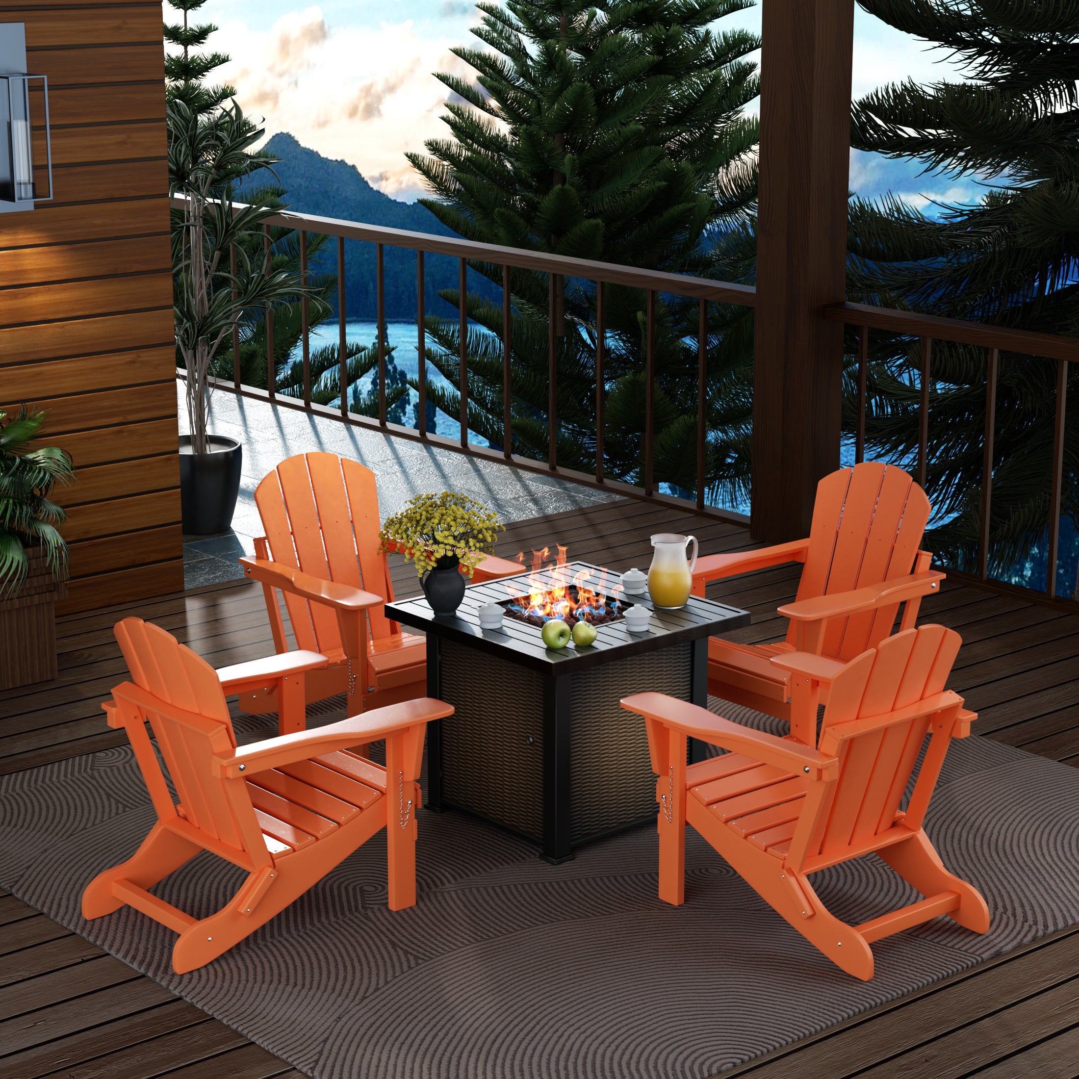 Paradise Malibu Modern Folding Poly Adirondack Chair With Square Fire Pit Table