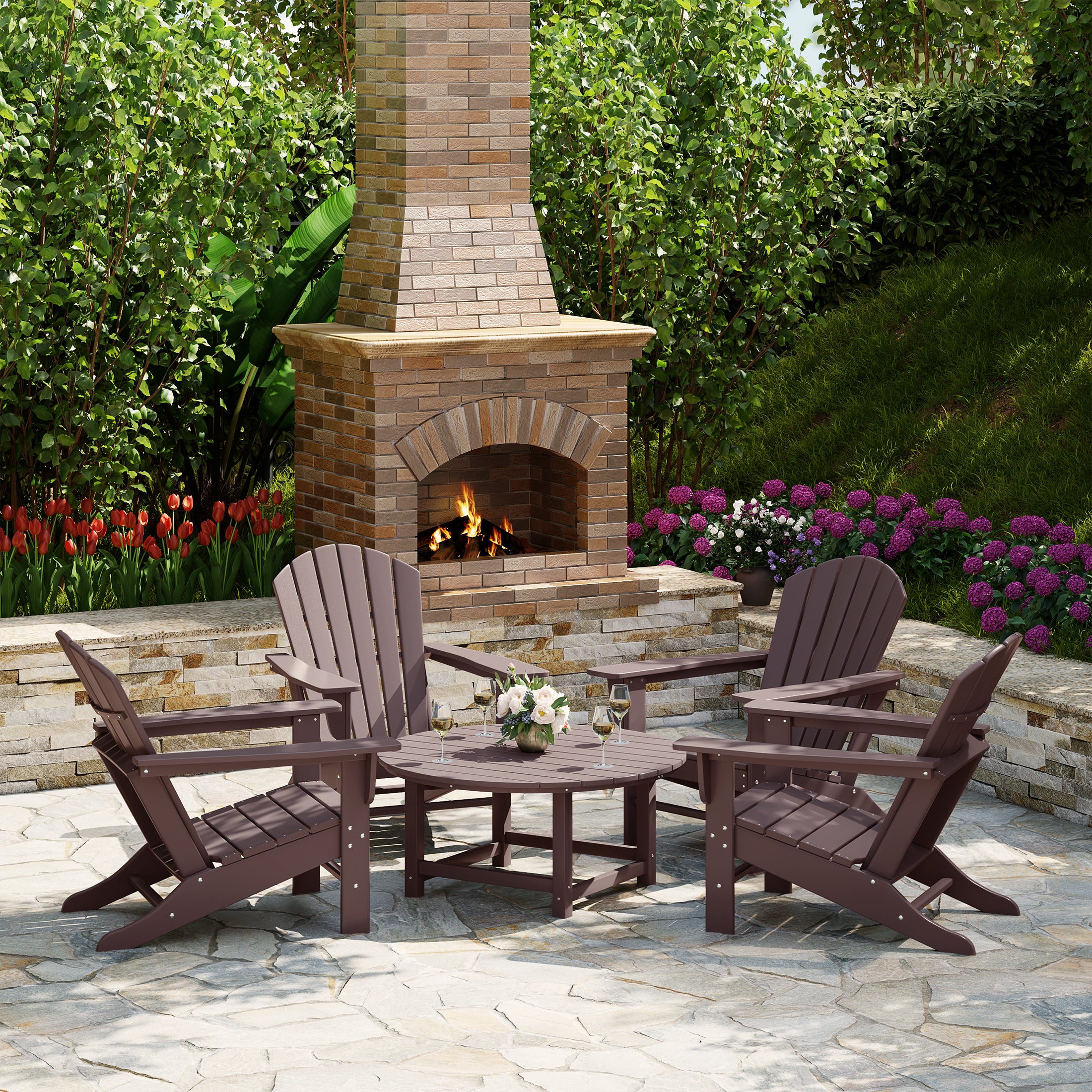 Portside 5-Piece Outdoor Patio HDPE Adirondack Chair With Round Coffee Table Conversation Set