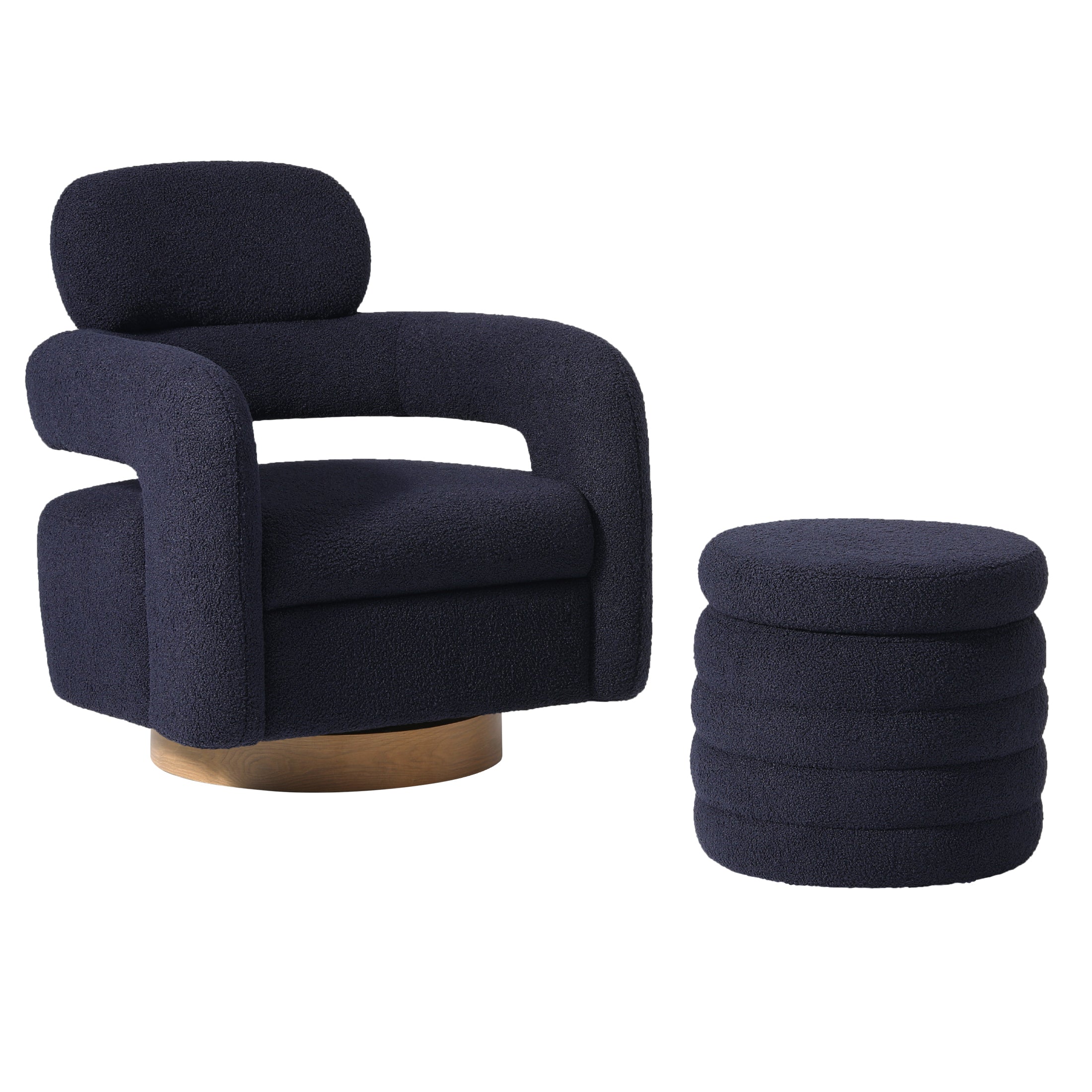 Celine Mid-Century Modern Sherpa Swivel Barrel Accent Chair With Round Storage Ottoman