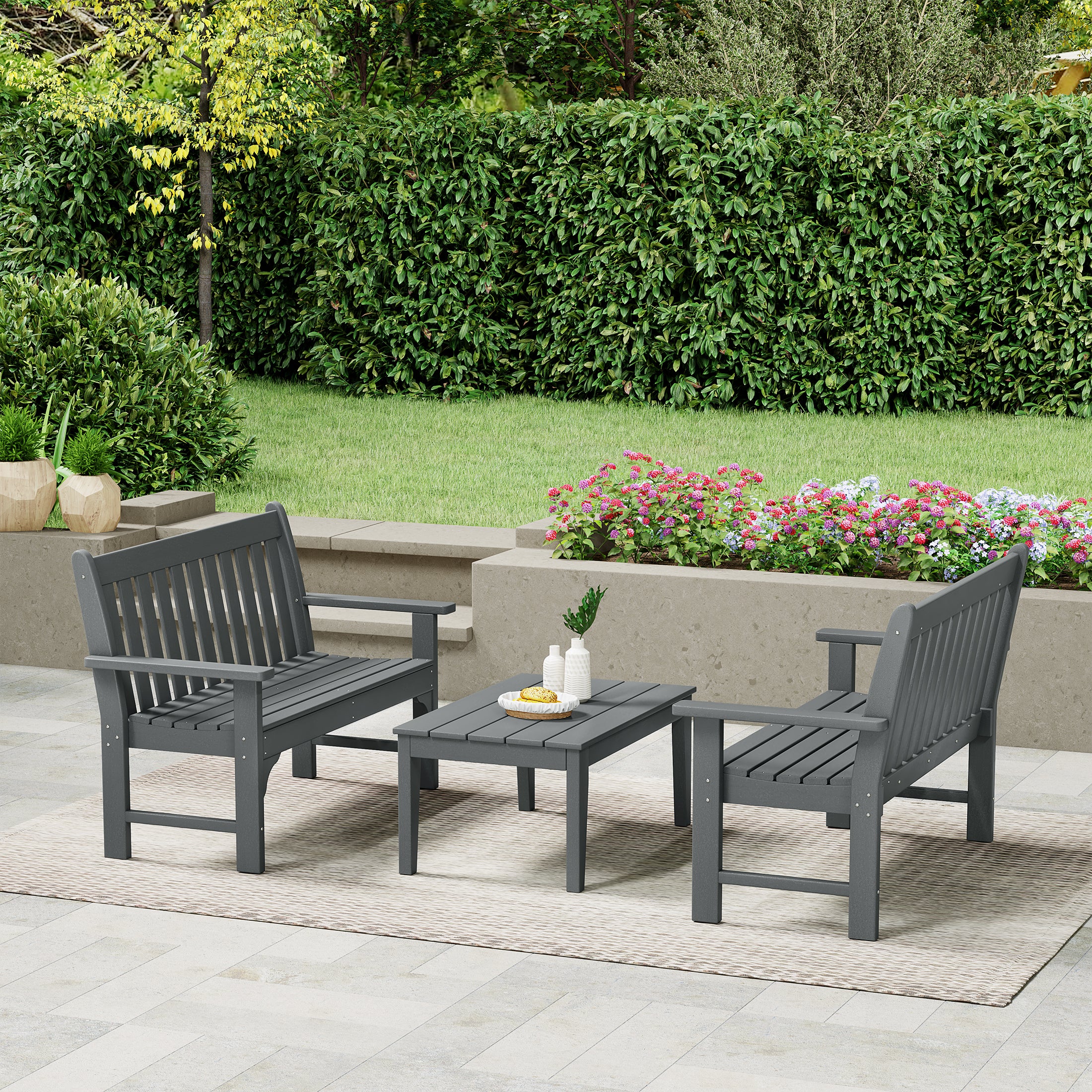 Paradise 3-Piece HDPE Outdoor Patio Furniture Bench and Coffee Table Set