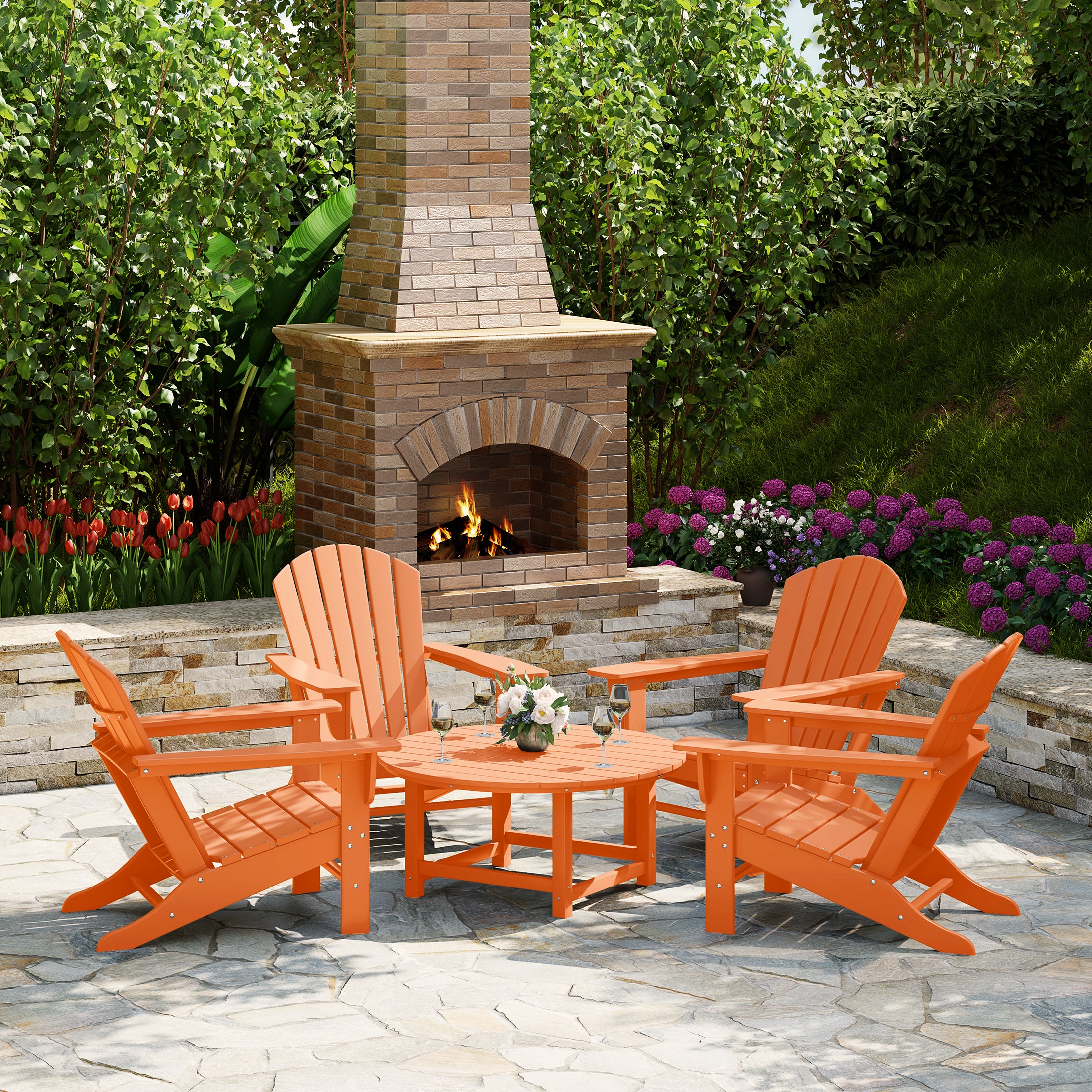 Portside 5-Piece Outdoor Patio HDPE Adirondack Chair With Round Coffee Table Conversation Set