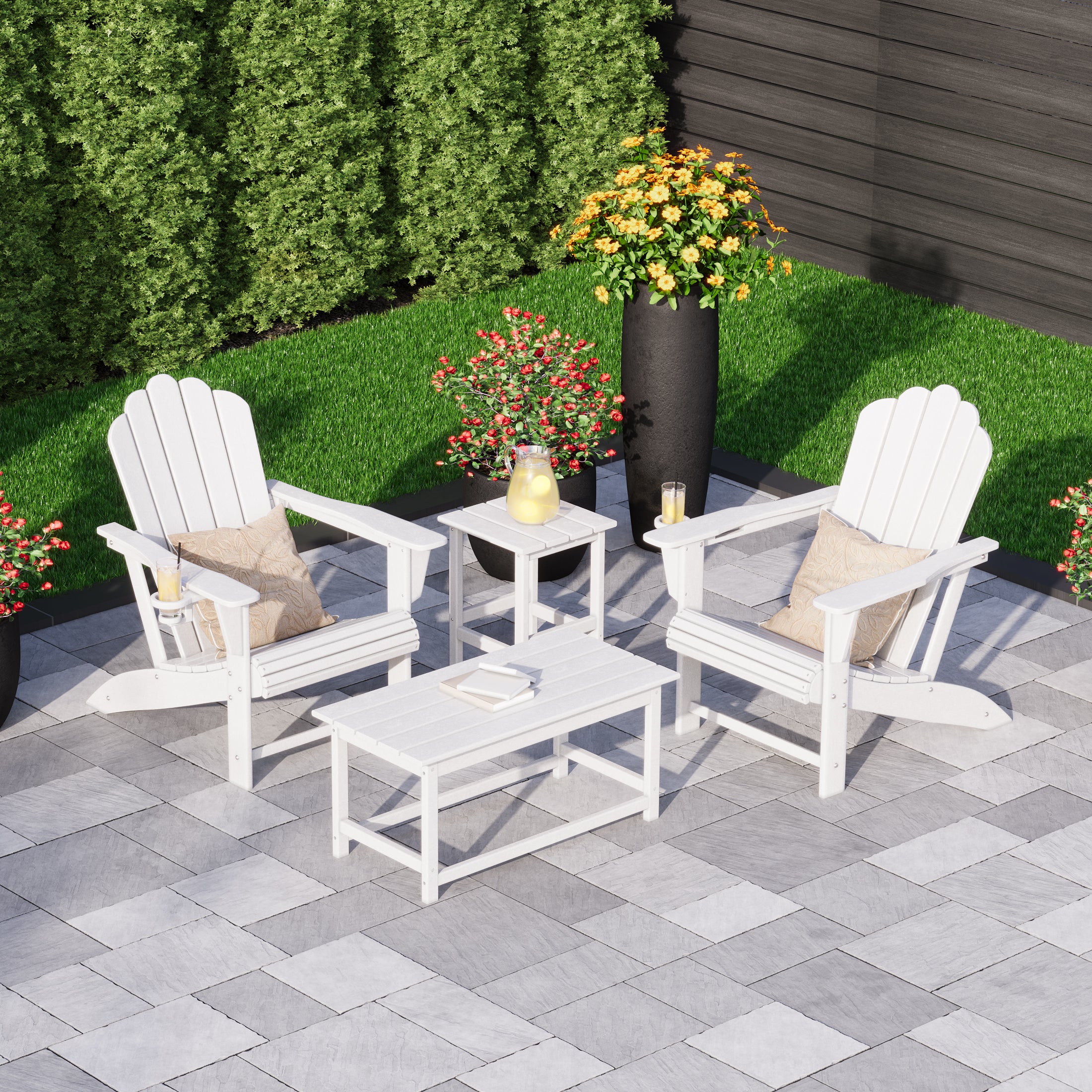 Lakeview 4-Piece Adirondack Chairs with Cup Holders and Table Set