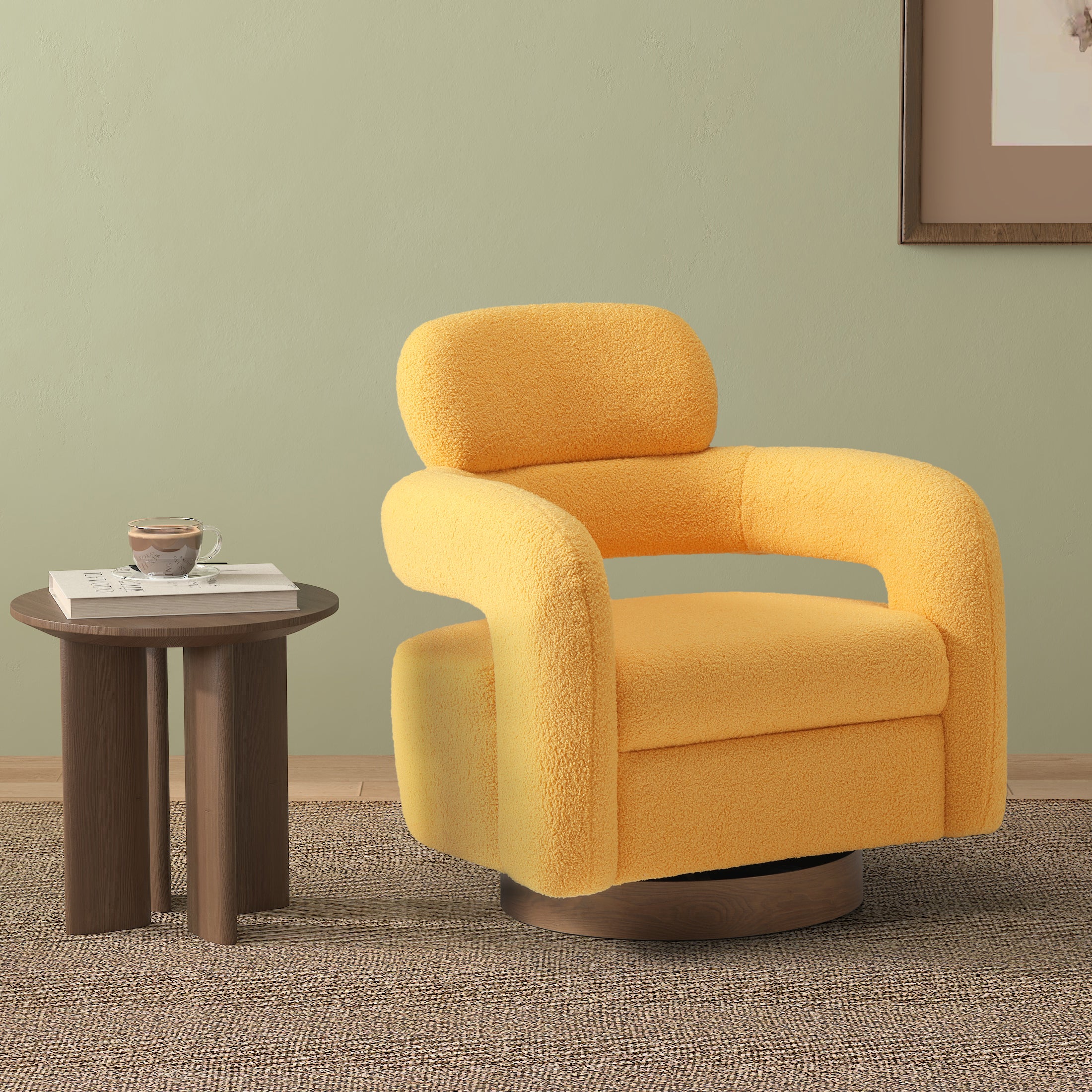 Celine Mid-Century Modern Round Sherpa Swivel Barrel Accent Chair