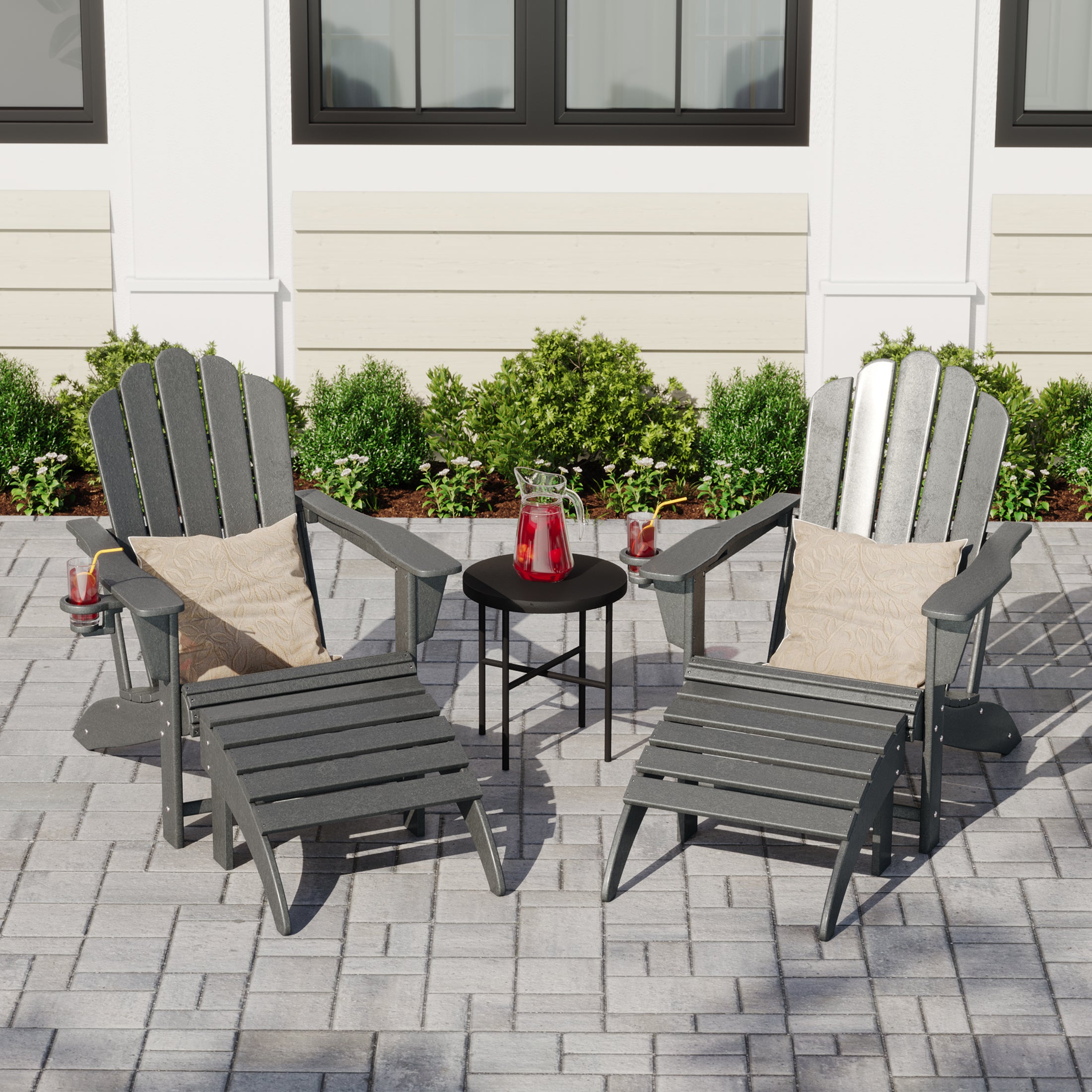 Lakeview 4-Piece Outdoor Patio HDPE Adirondack Chairs With Ottomans and Cup Holder Set