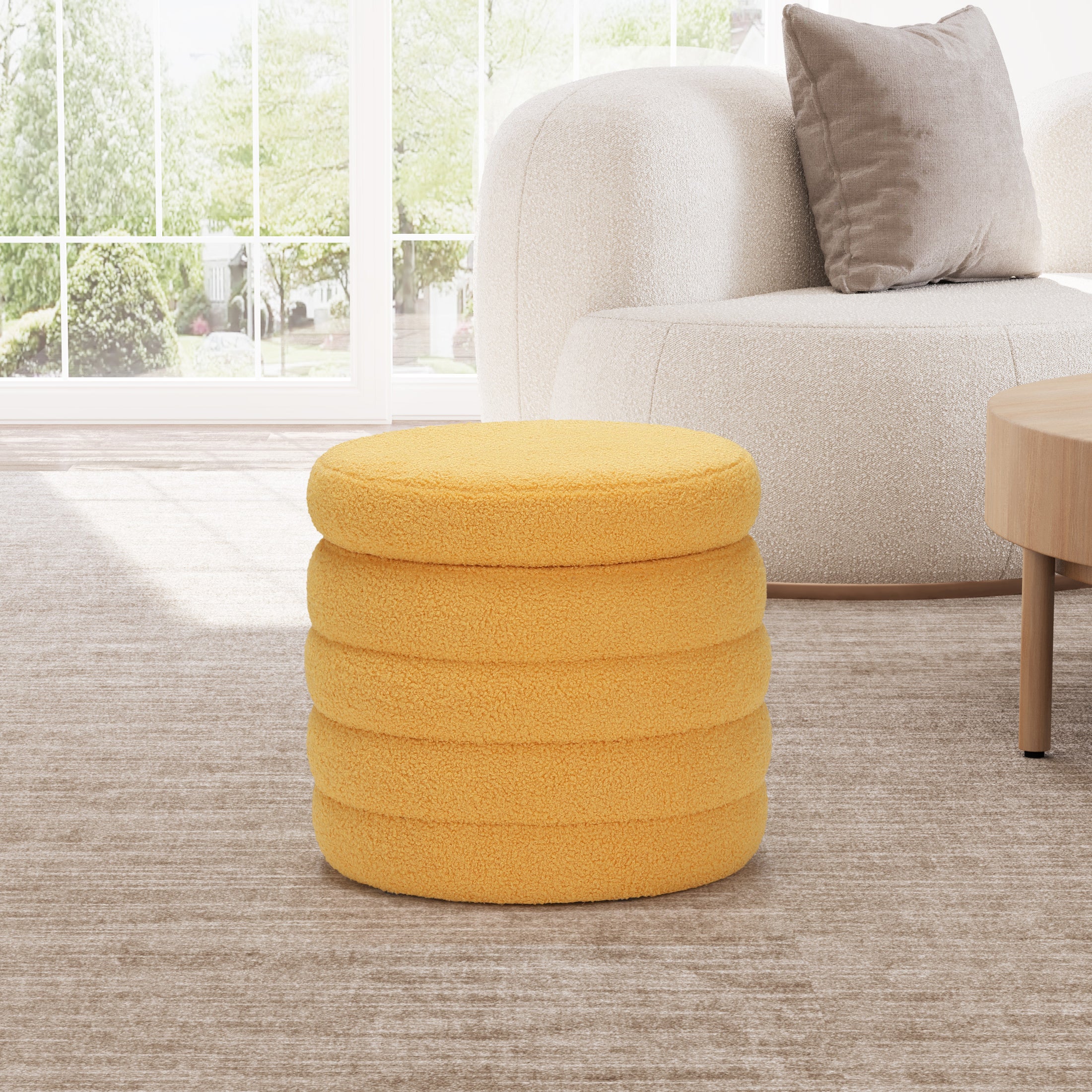 Celine Mid-Century Modern Faux Sherpa Round Ottoman With Storage