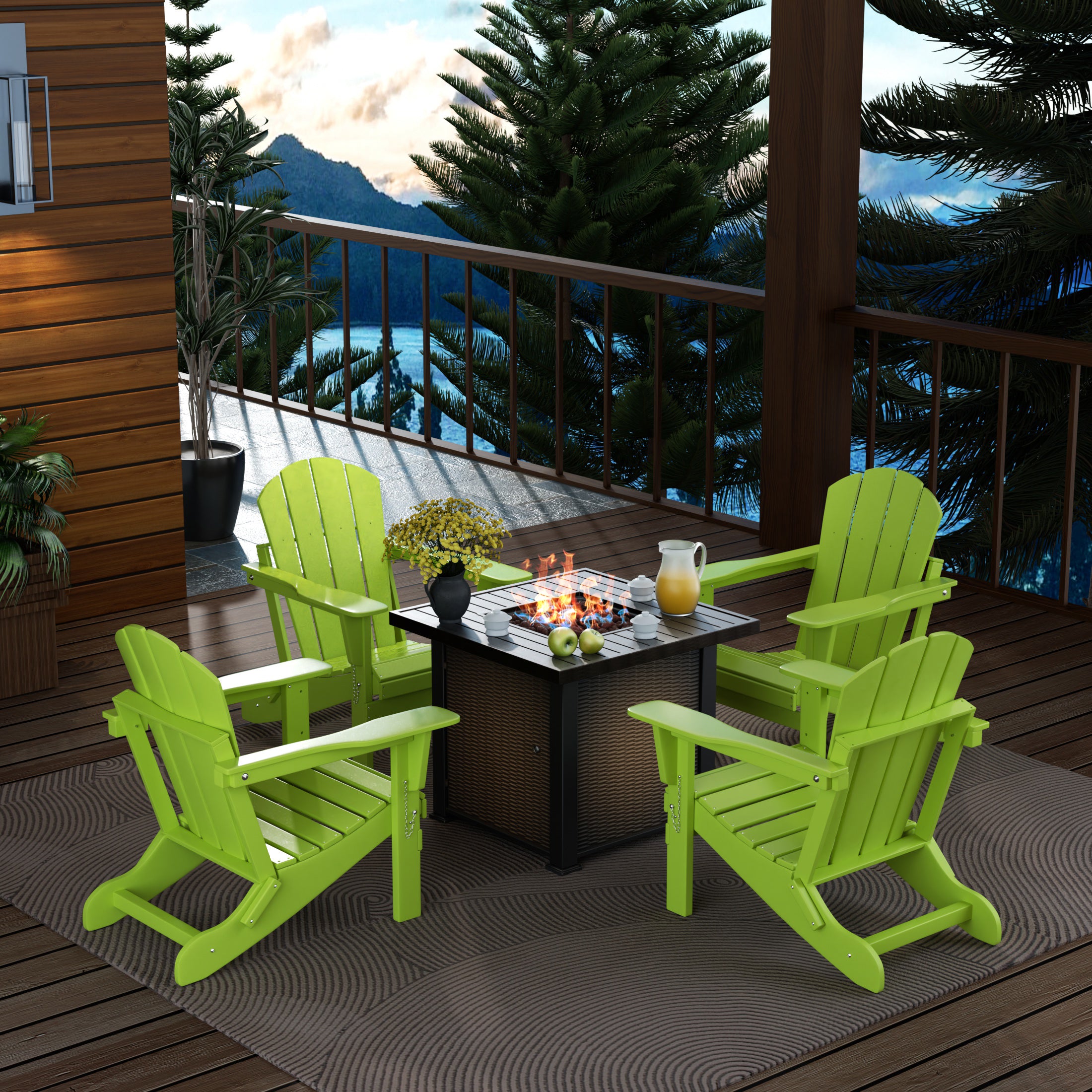 Paradise Malibu Modern Folding Poly Adirondack Chair With Square Fire Pit Table