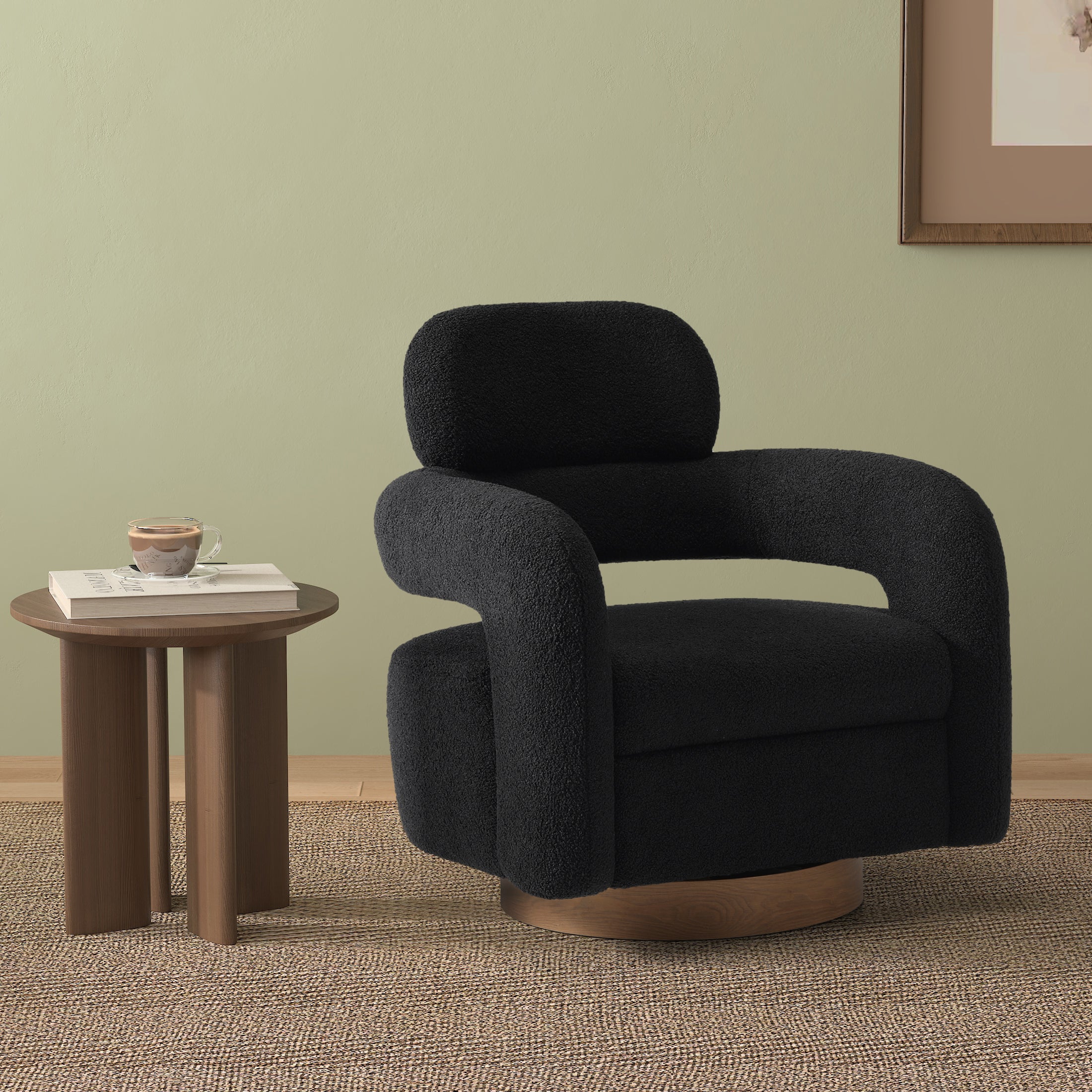 Celine Mid-Century Modern Round Sherpa Swivel Barrel Accent Chair