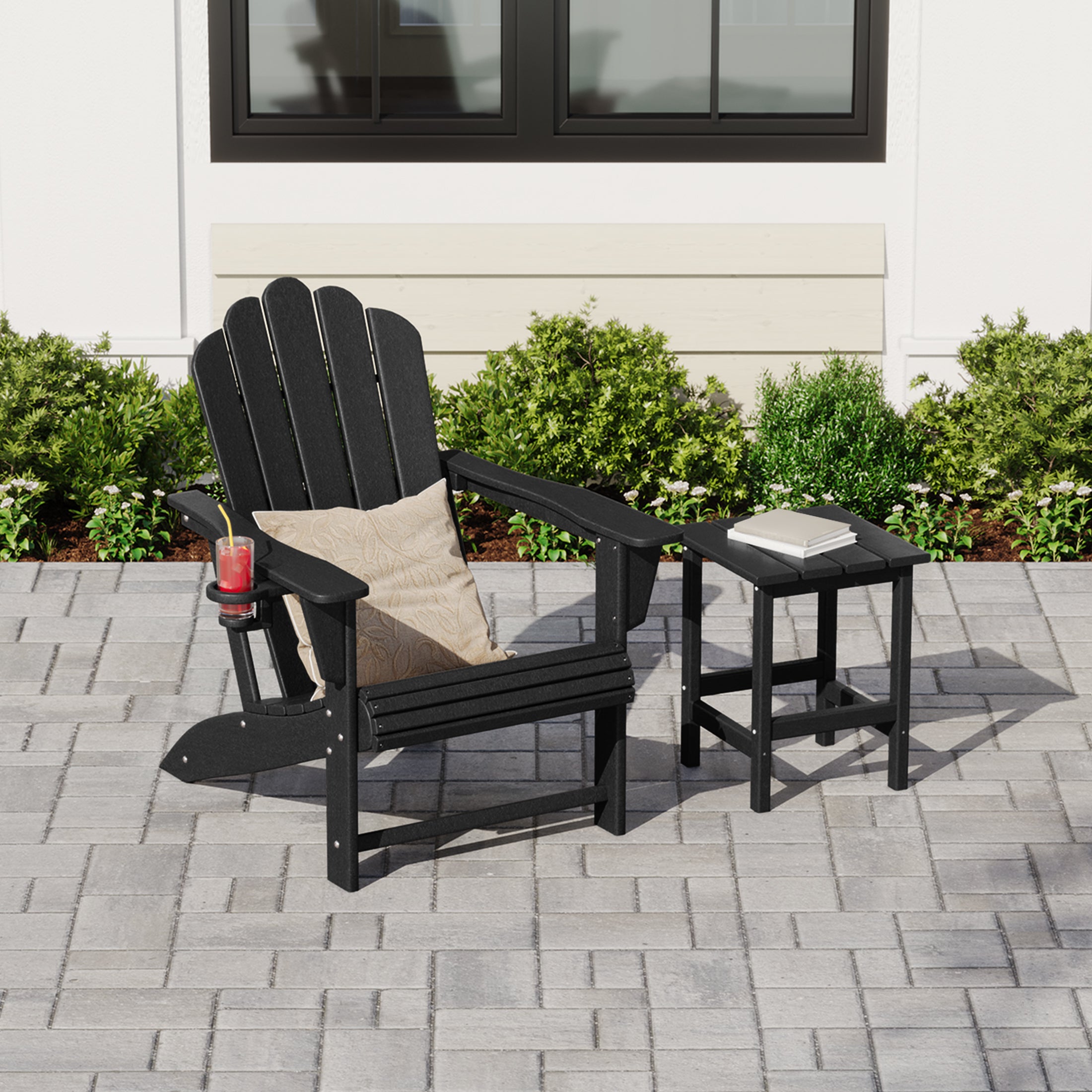 Lakeview Outdoor Patio HDPE Adirondack Chair With Cup Holder and Table Set