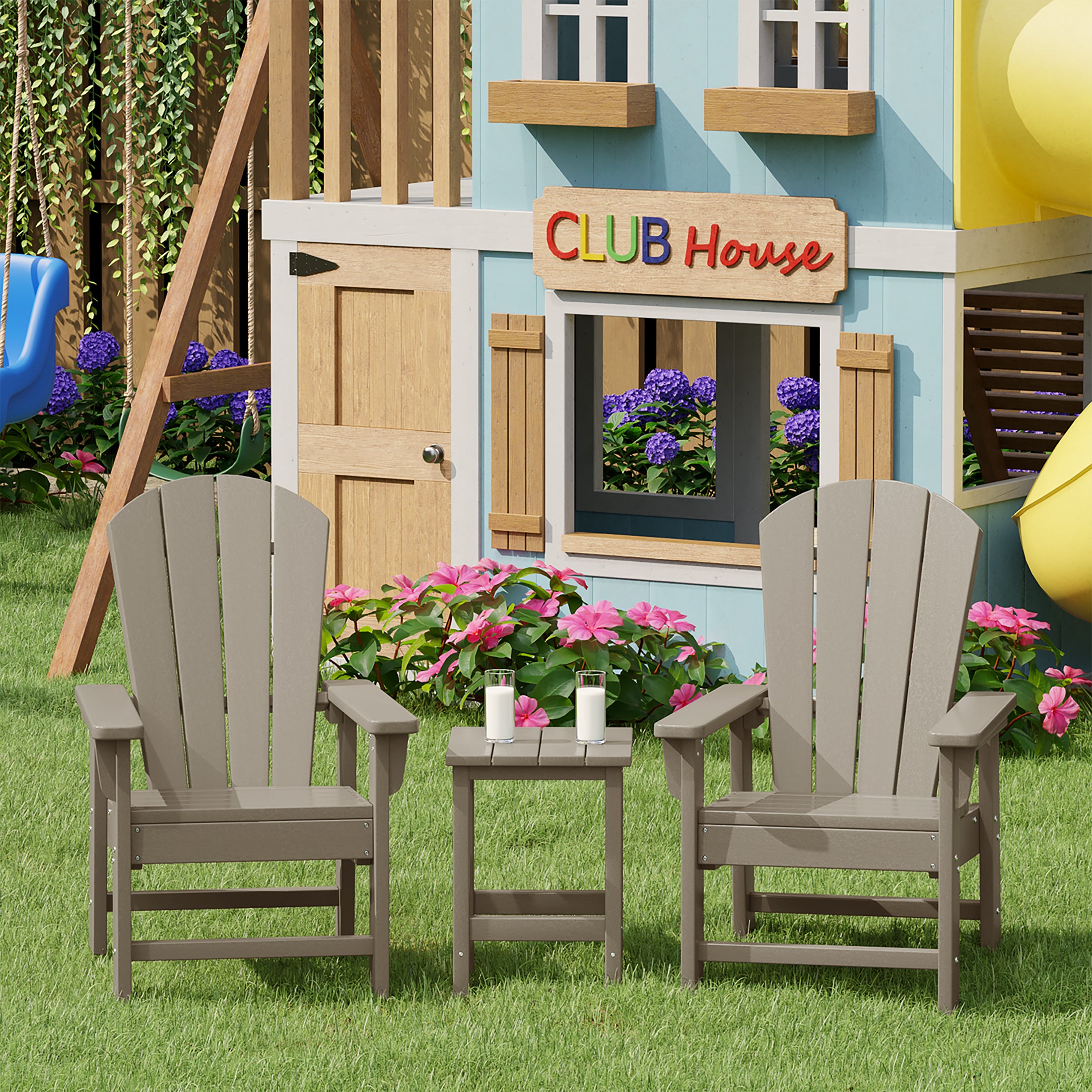 Paradise Kids 3-Piece Outdoor HDPE Adirondack Chairs With Square Side Table Set