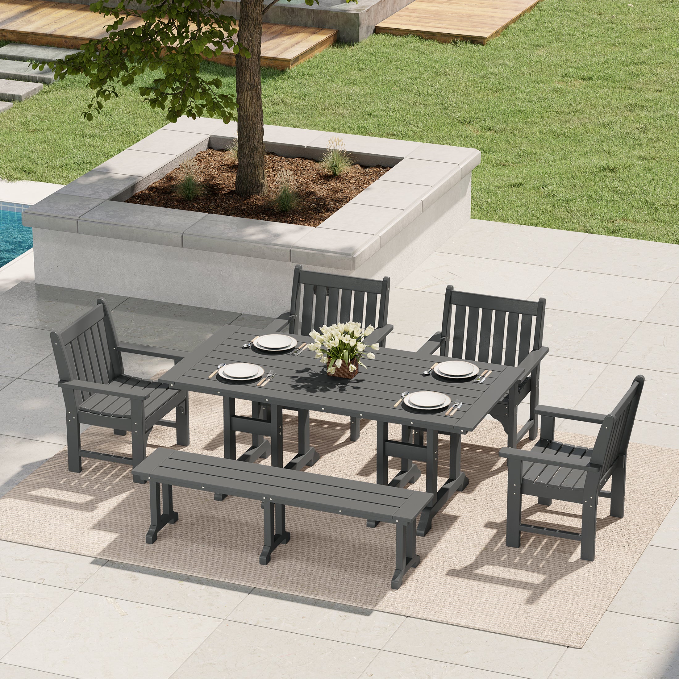 Paradise 6-Piece HDPE Outdoor Rectangular Dining Patio Table and Chairs Set