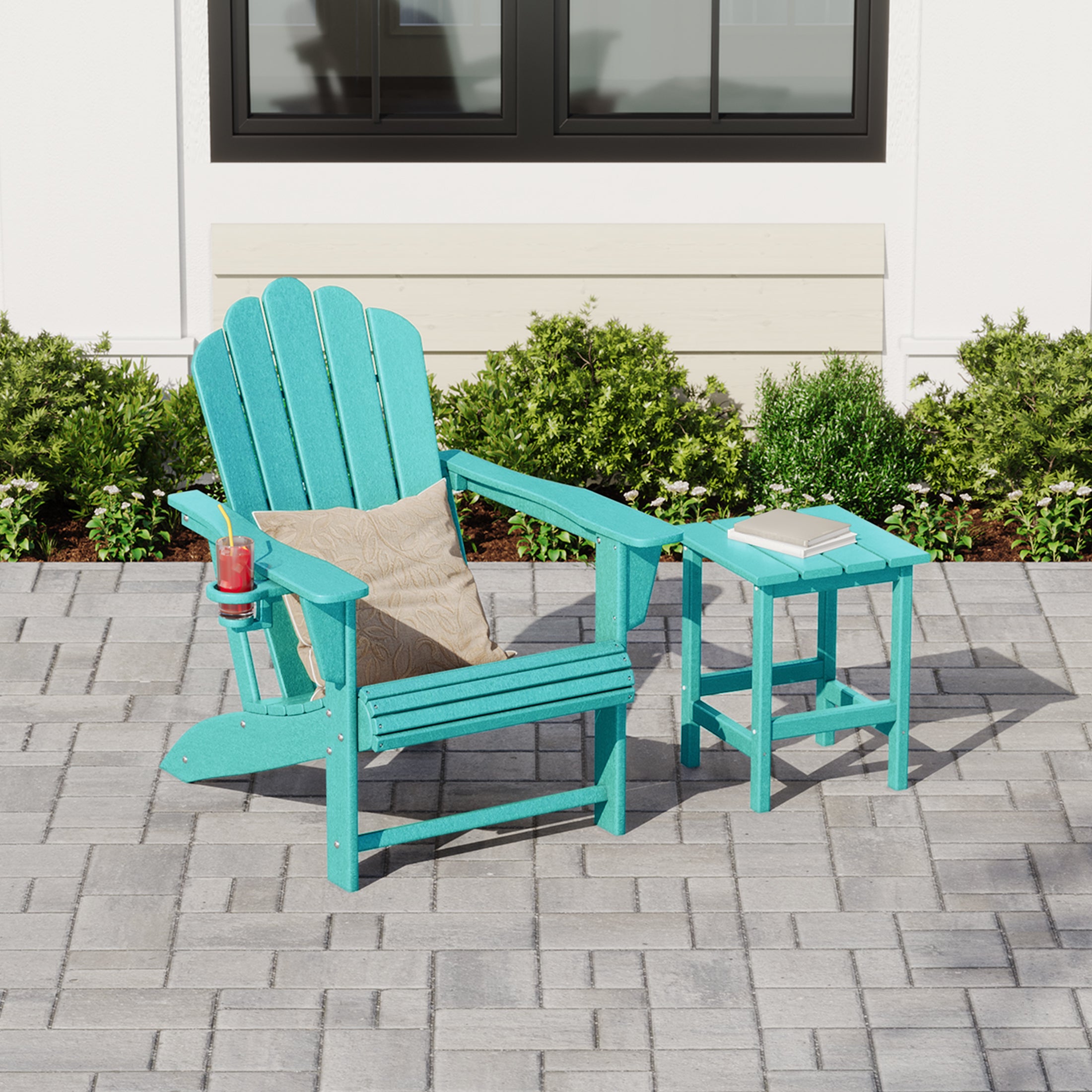 Lakeview Outdoor Patio HDPE Adirondack Chair With Cup Holder and Table Set