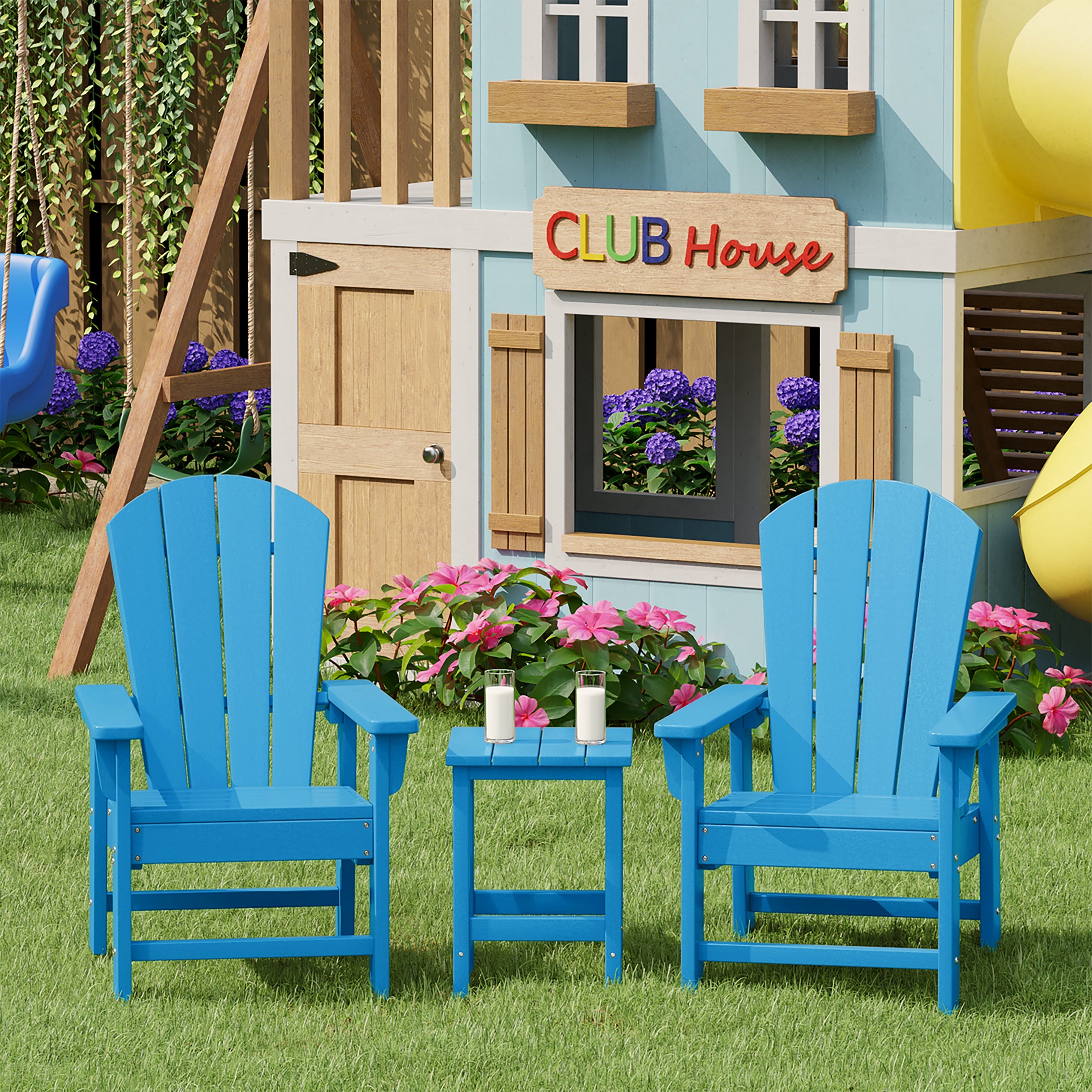 Paradise Kids 3-Piece Outdoor HDPE Adirondack Chairs With Square Side Table Set