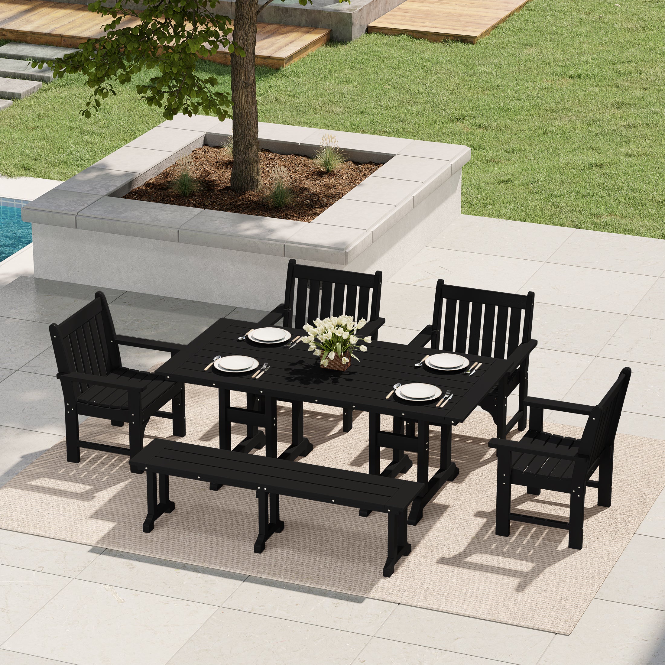 Paradise 6-Piece HDPE Outdoor Rectangular Dining Patio Table and Chairs Set