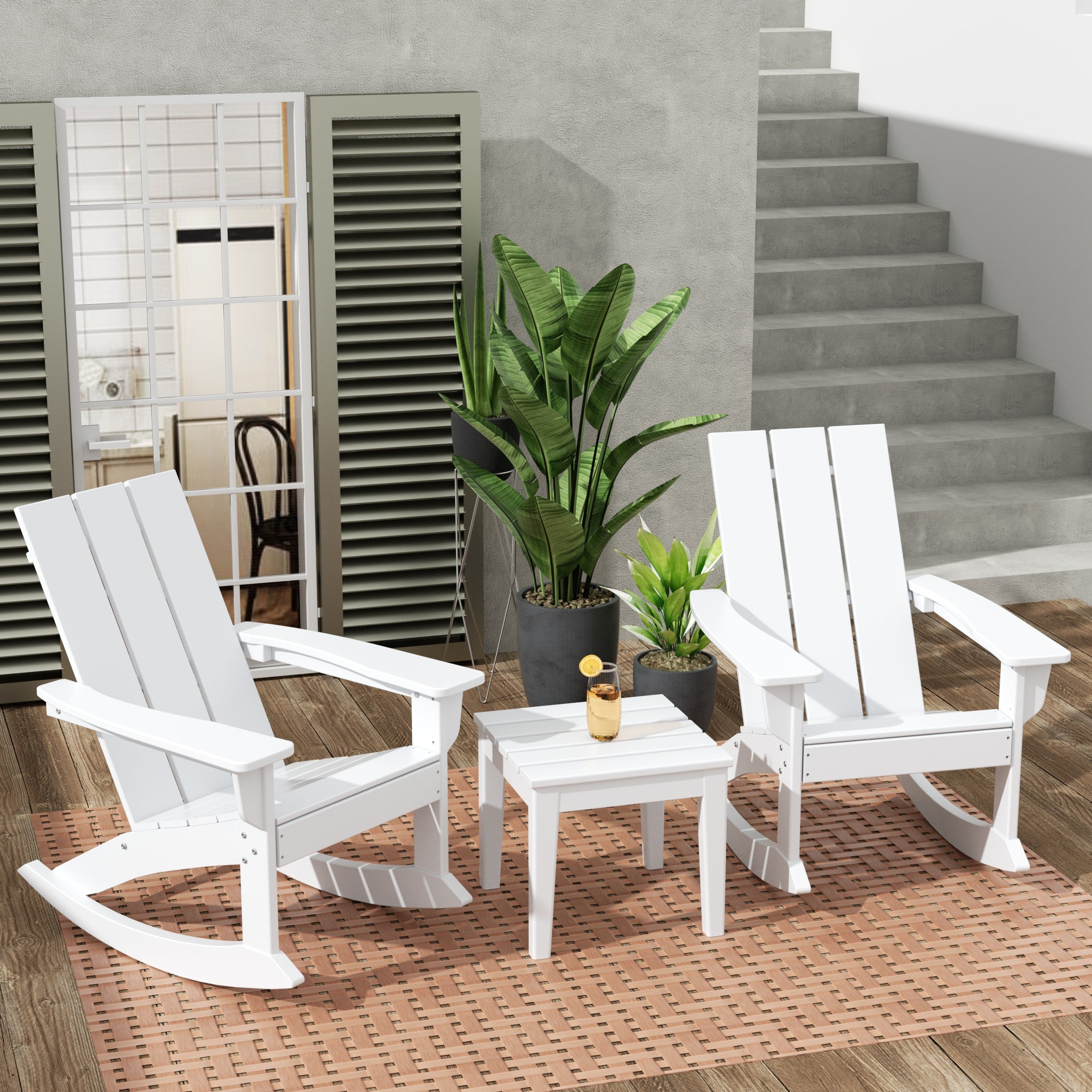 Palms Ashore Modern Rocking Poly Adirondack Chair With Side Table 3-Piece Set