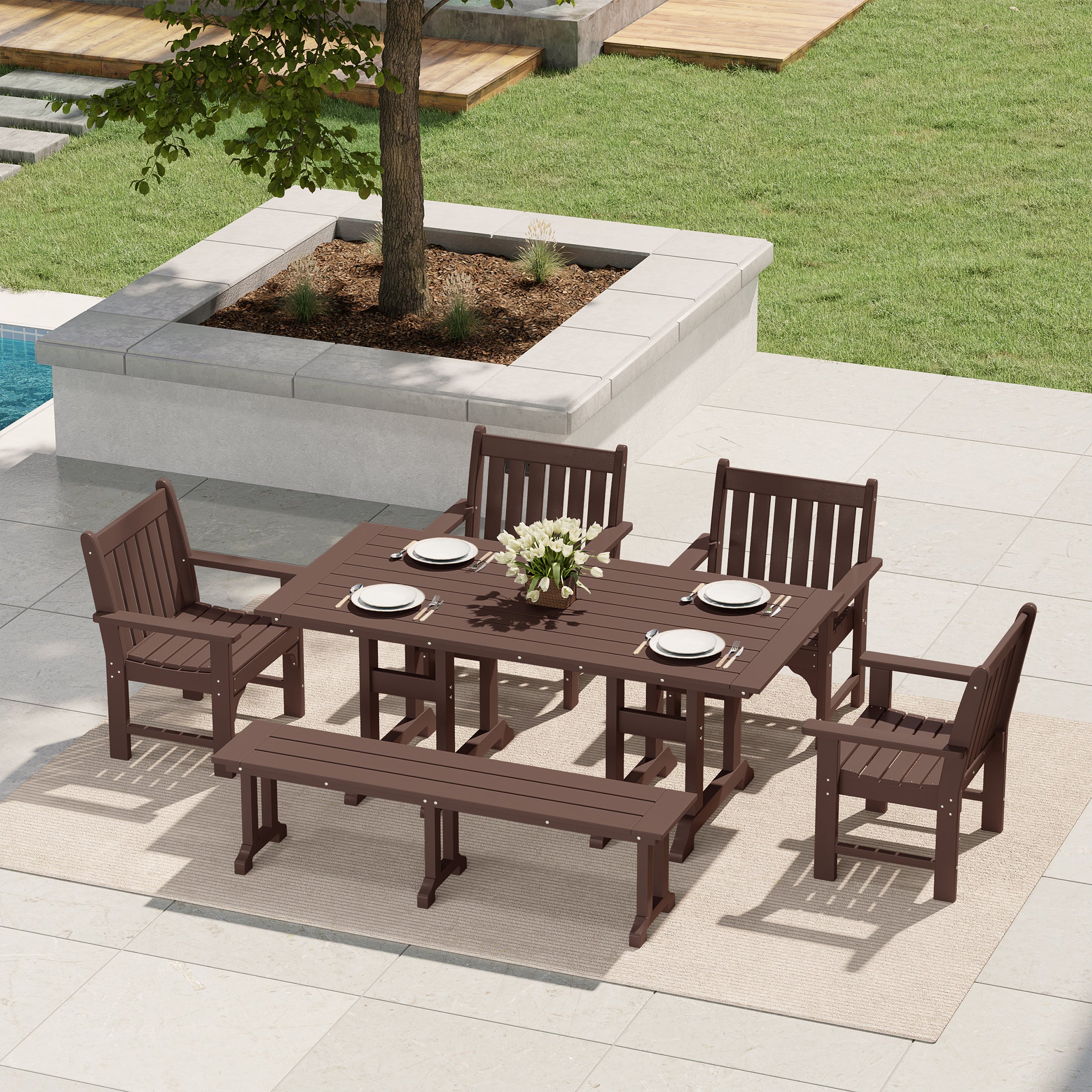 Paradise 6-Piece HDPE Outdoor Rectangular Dining Patio Table and Chairs Set