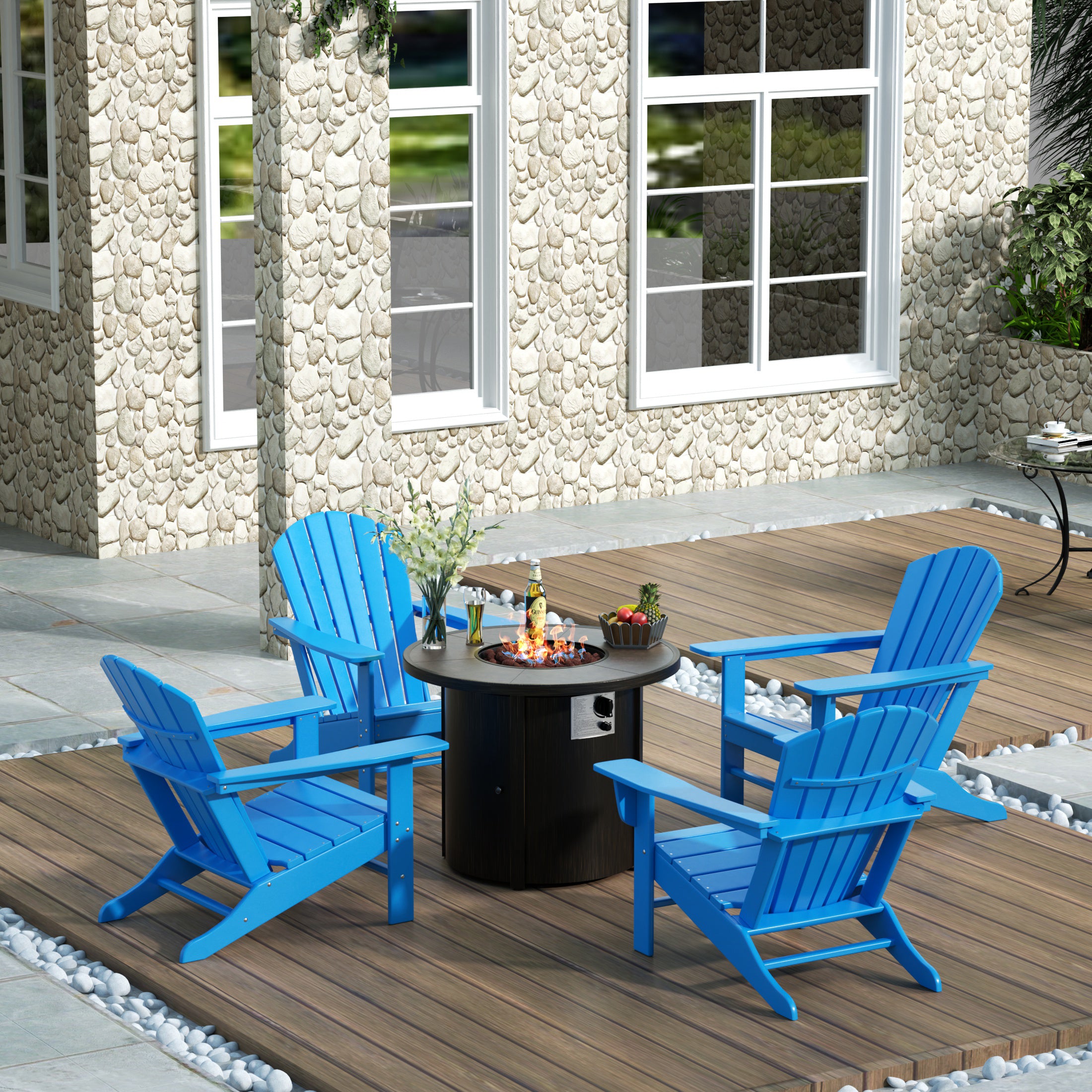 Portside Dylan Outdoor Patio Adirondack Chair with Round Fire Pit Table Sets