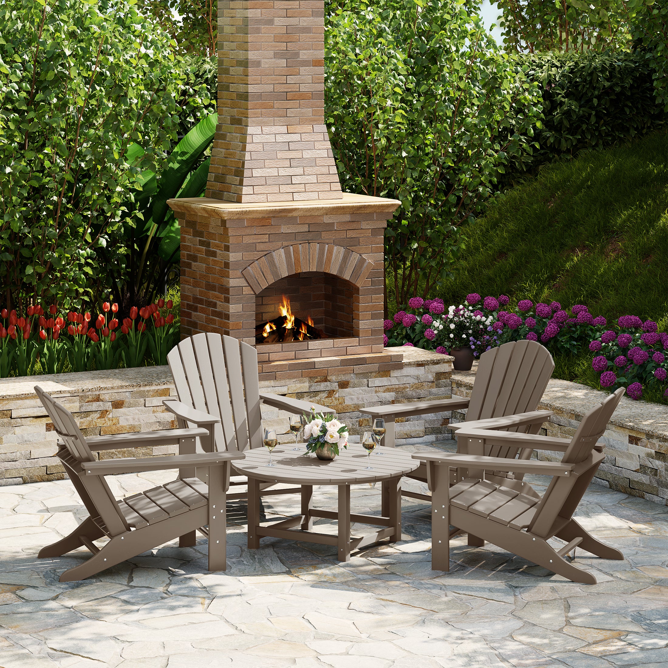 Portside 5-Piece Outdoor Patio HDPE Adirondack Chair With Round Coffee Table Conversation Set