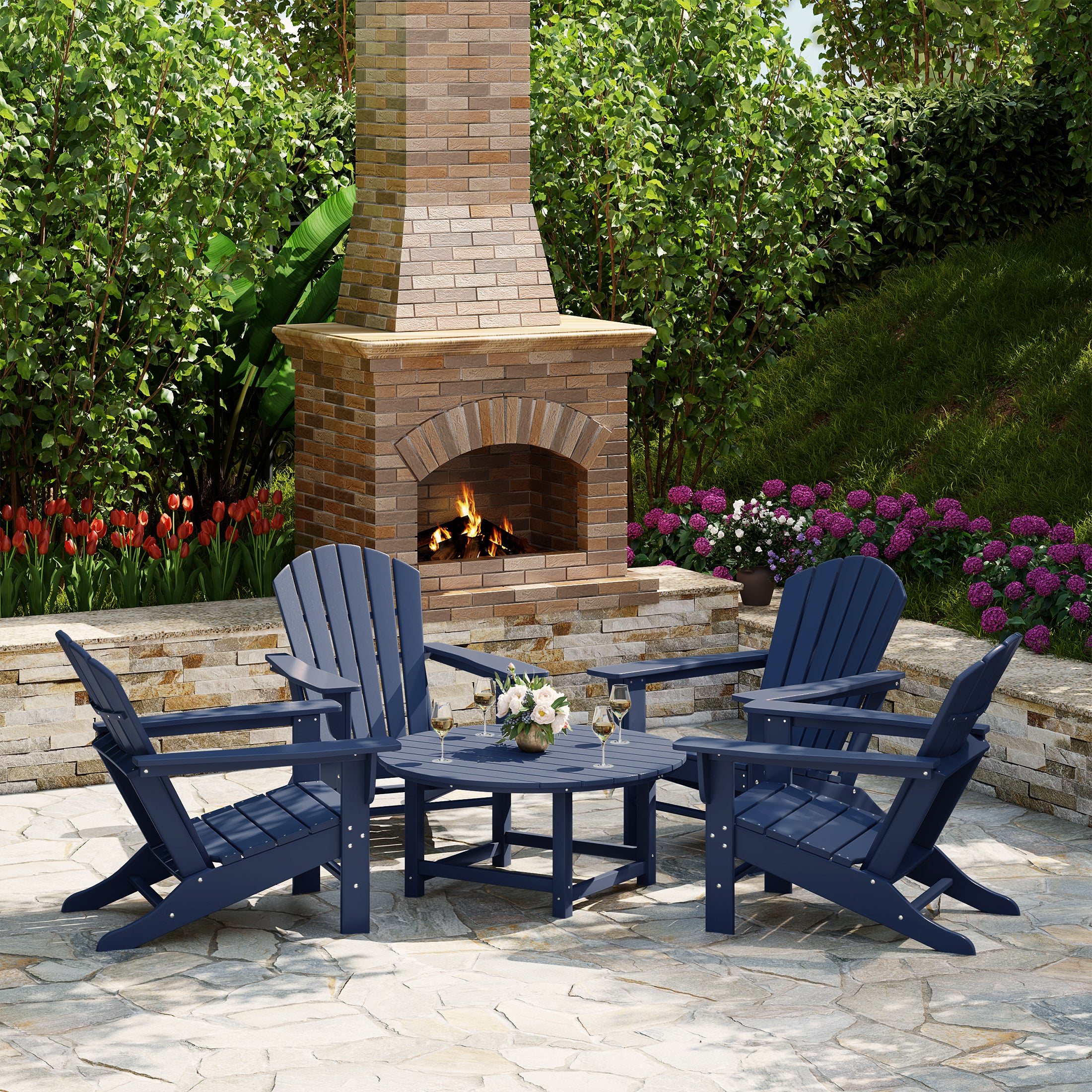 Portside 5-Piece Outdoor Patio HDPE Adirondack Chair With Round Coffee Table Conversation Set