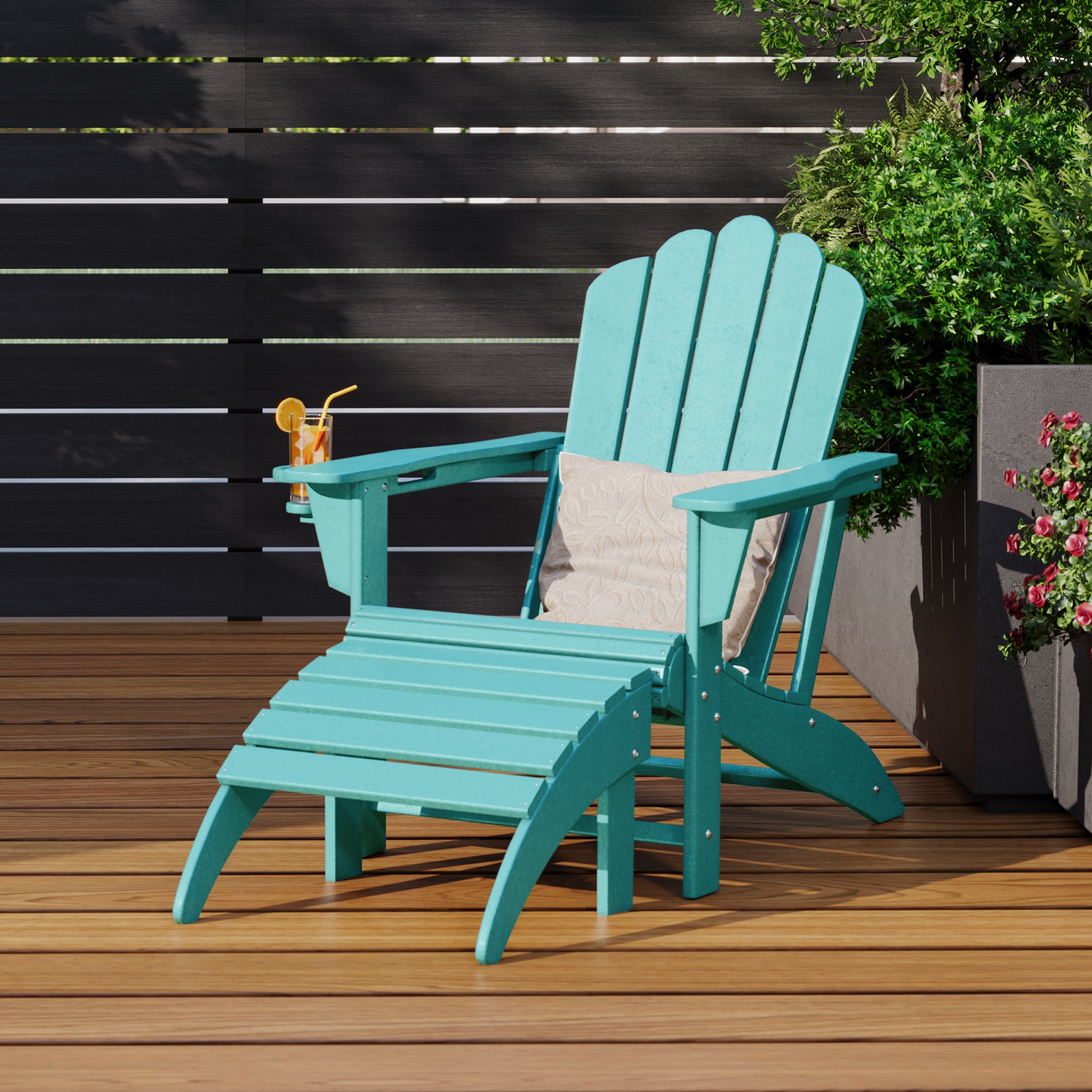 Lakeview 2-Piece Outdoor Patio HDPE Adirondack Chair With Ottoman and Cup Holder Set