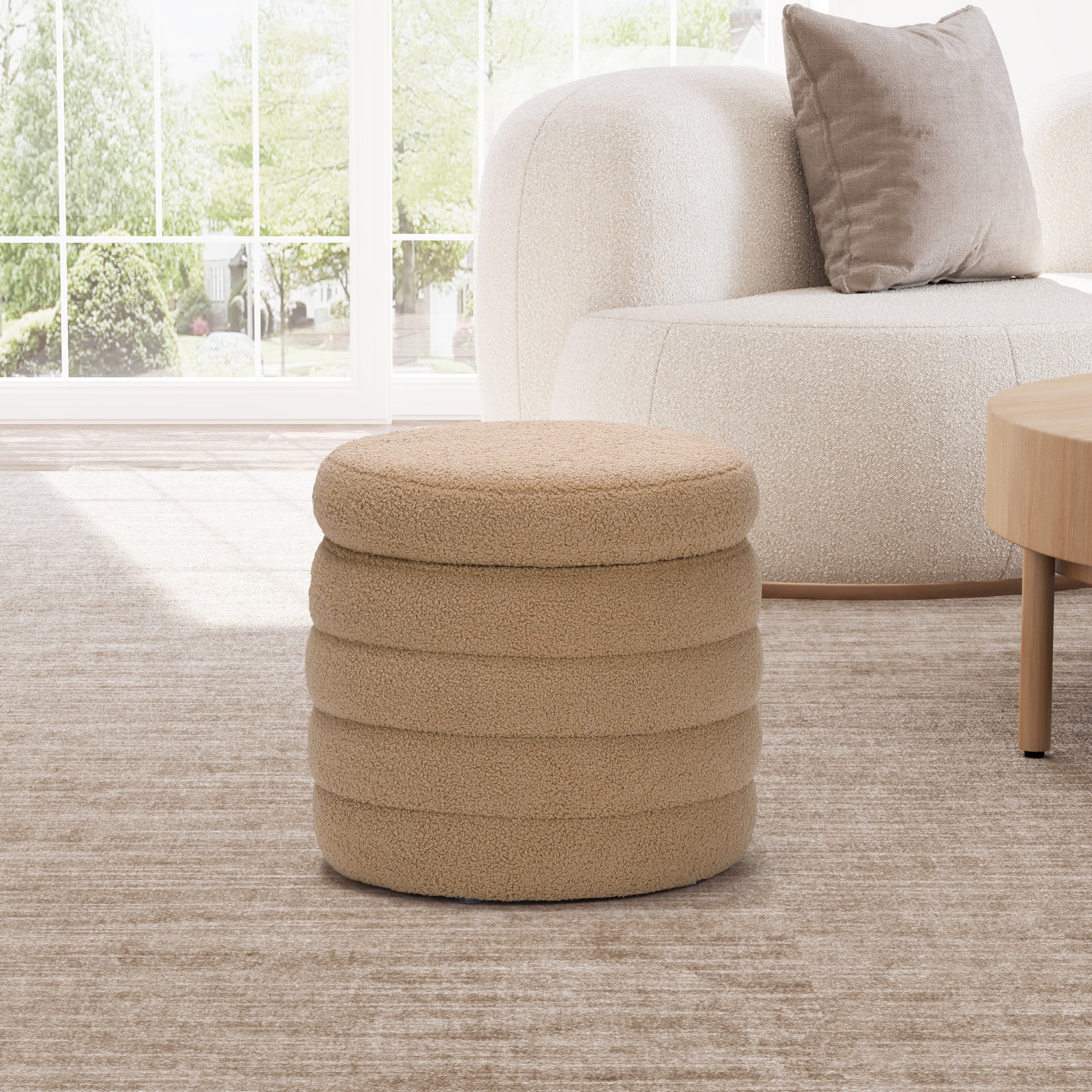 Celine Mid-Century Modern Faux Sherpa Round Ottoman With Storage